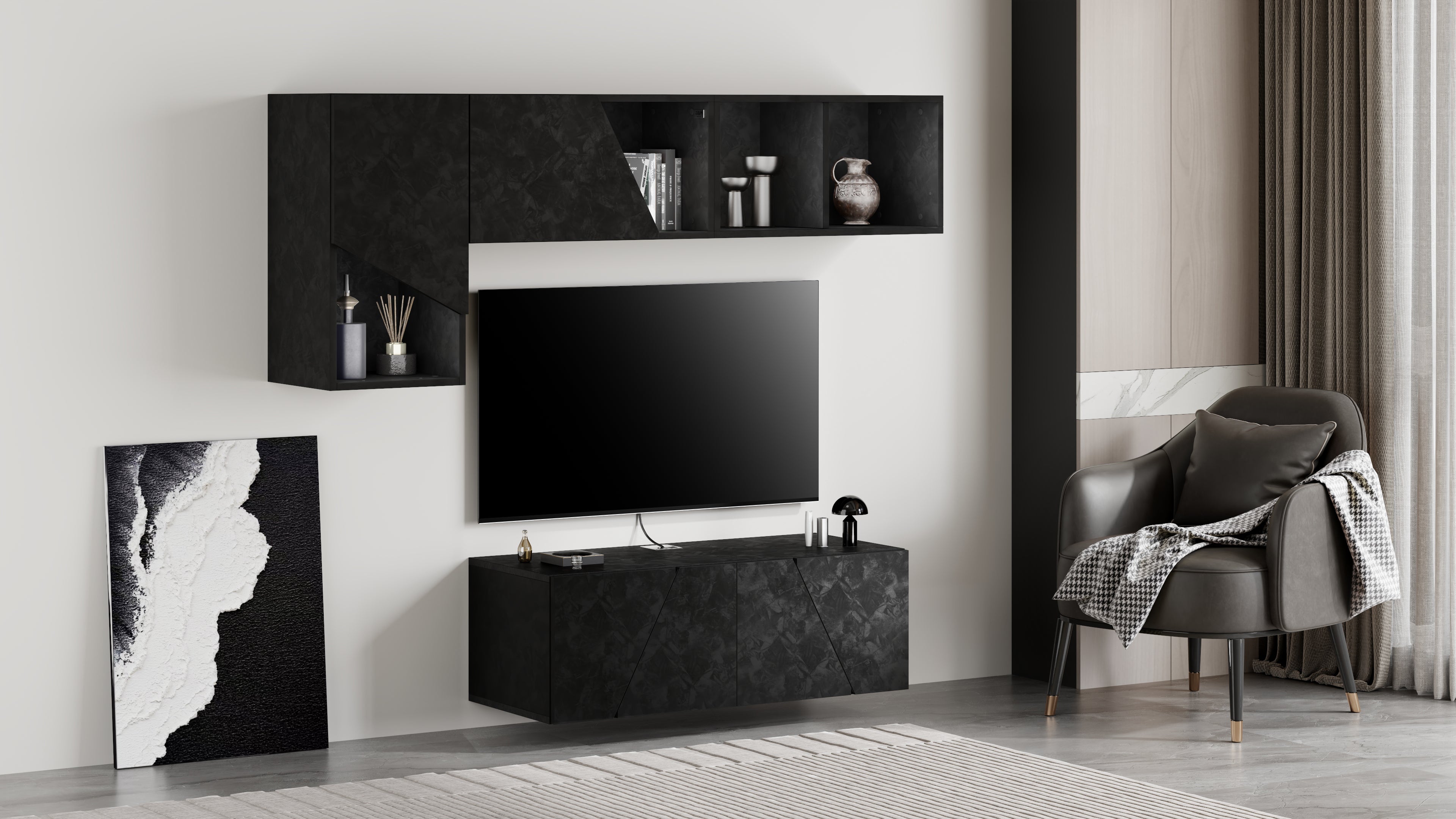 Composición de pared Emma para salón 3, color cemento negro, 176x44x170 cm - Set image 1