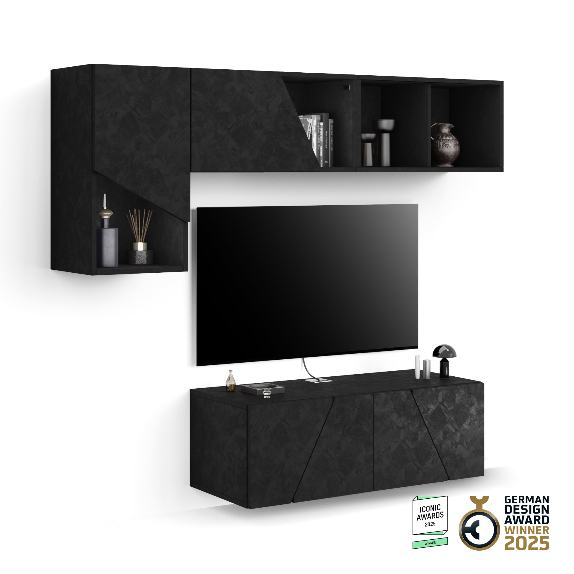 Composición de pared Emma para salón 3, color cemento negro, 176x44x170 cm