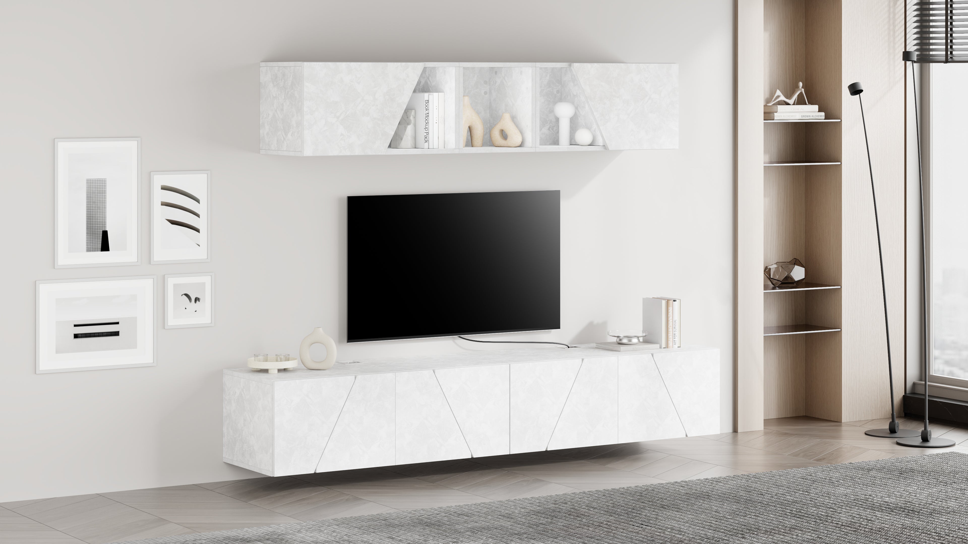 Parede de Tv Emma 4, cimento branco, 208x44x162,4 cm - Set image 1