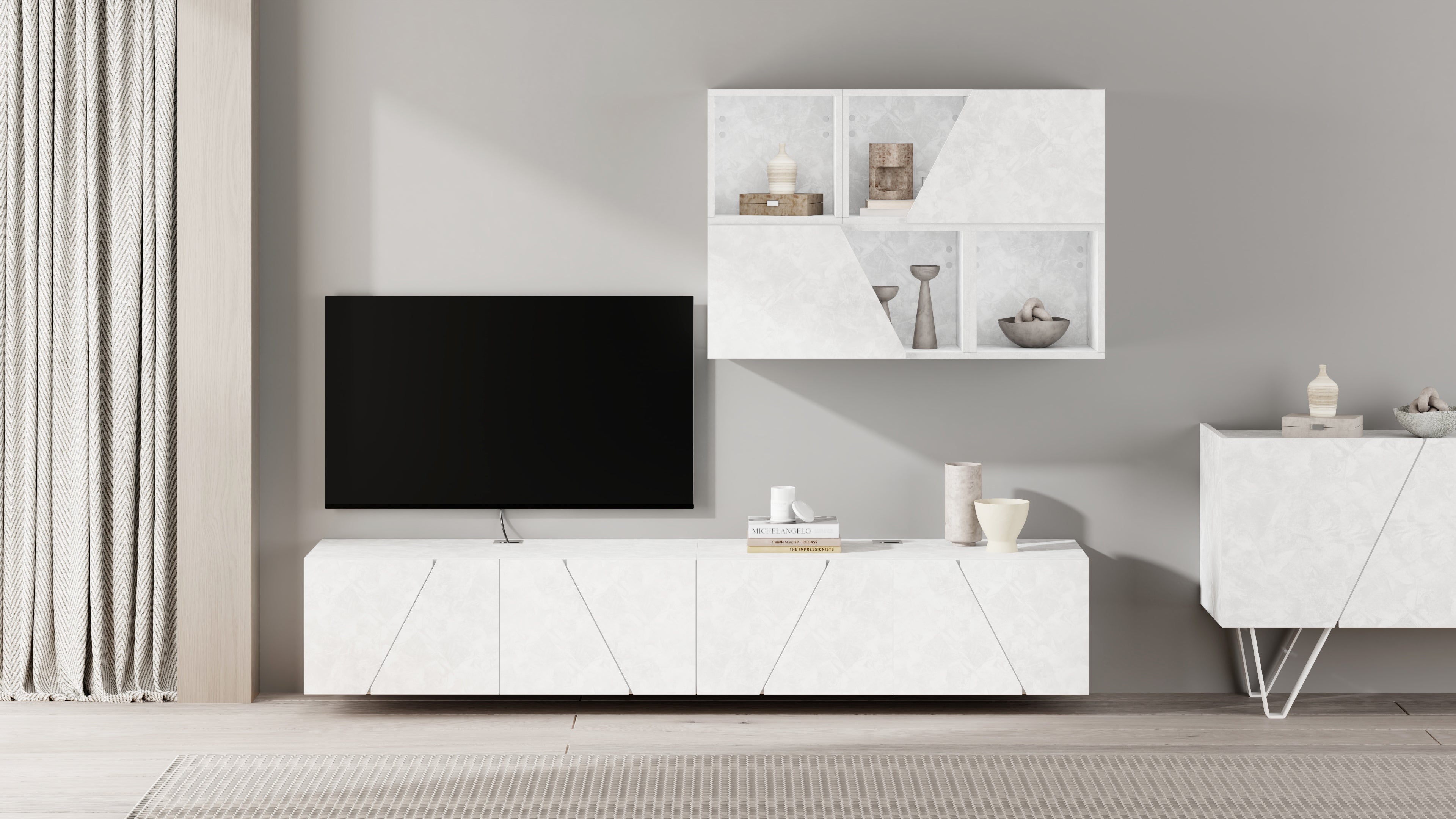 Parete Soggiorno Emma 5, Bianco Cemento, 208x44x160 cm - Immagine ambientata 1