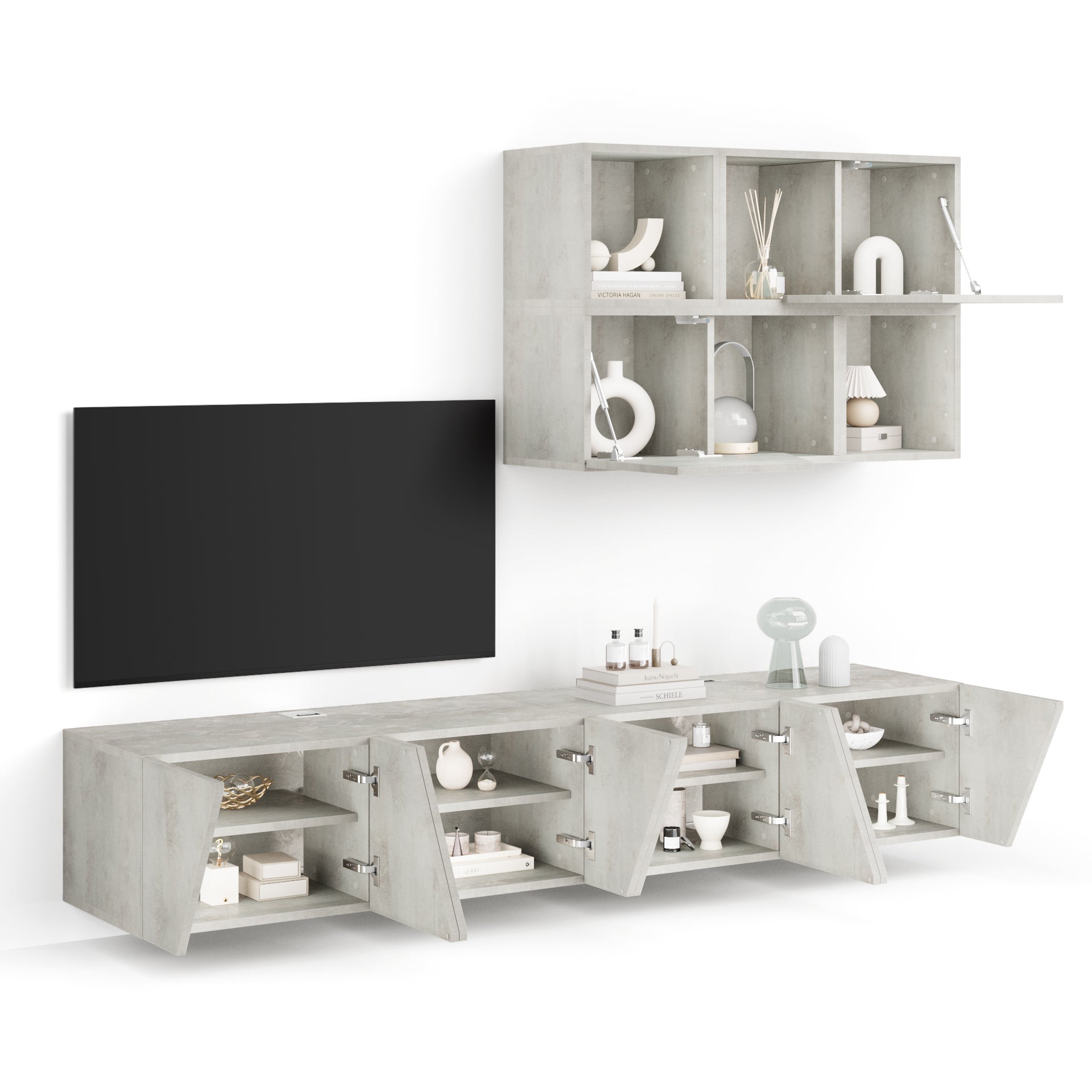 Parete Soggiorno Emma 5, Grigio Cemento, 208x44x160 cm - Immagine dettaglio 1