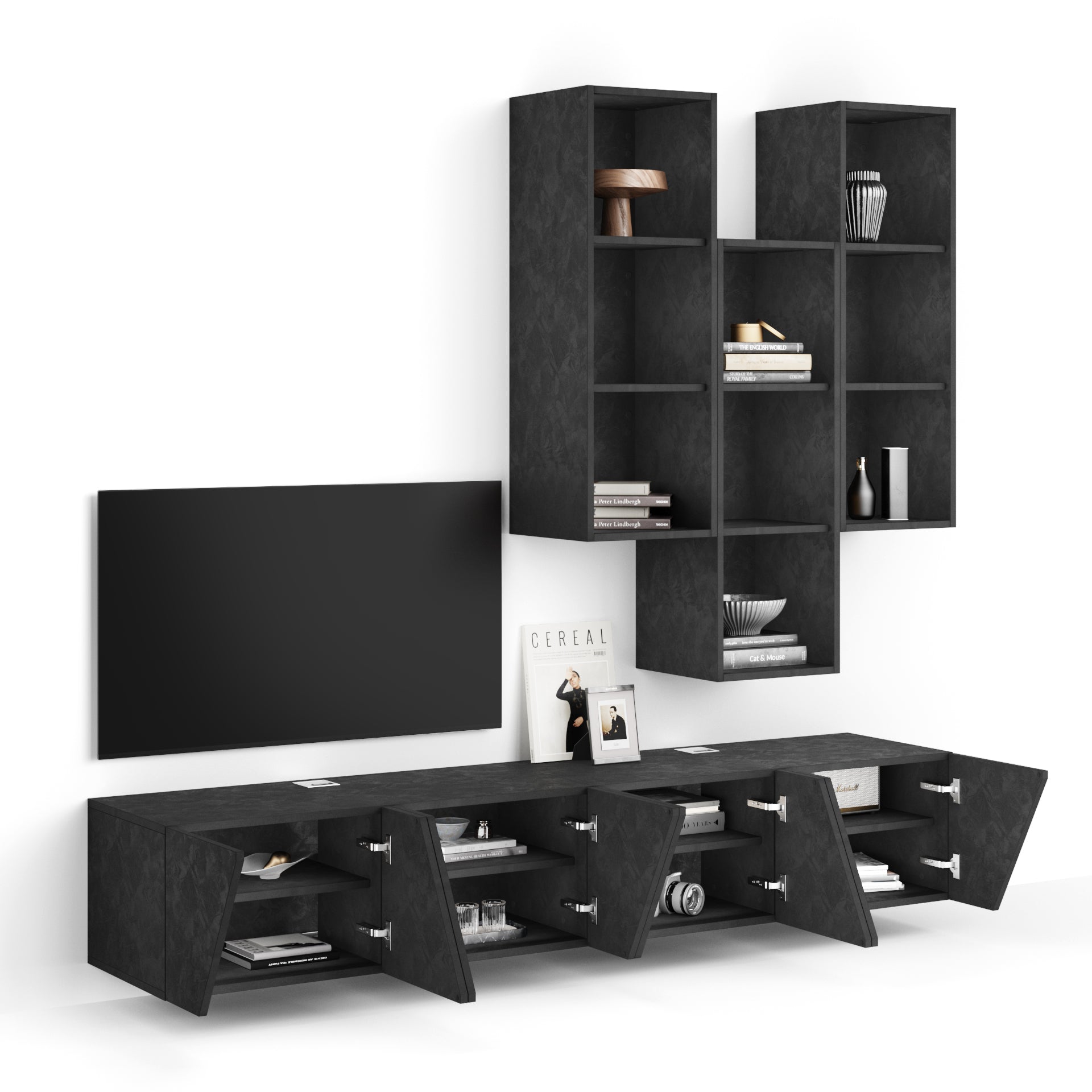 Combination 6 Emma Living Room Wall Unit, Concrete Effect, Black
