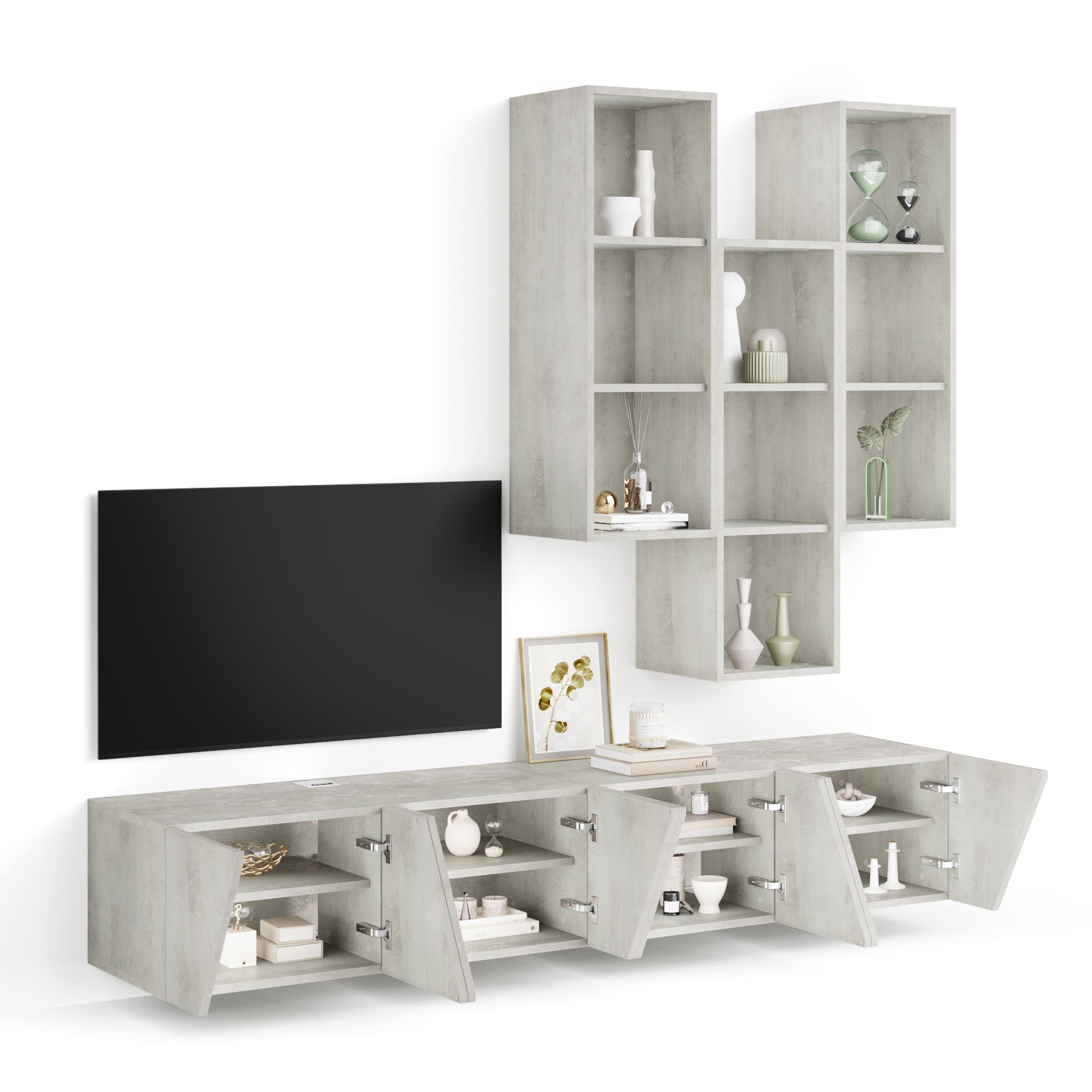 Emma Living Room Wall Unit 6, Concrete Effect, Grey, 81.9x17.3x82.7 in