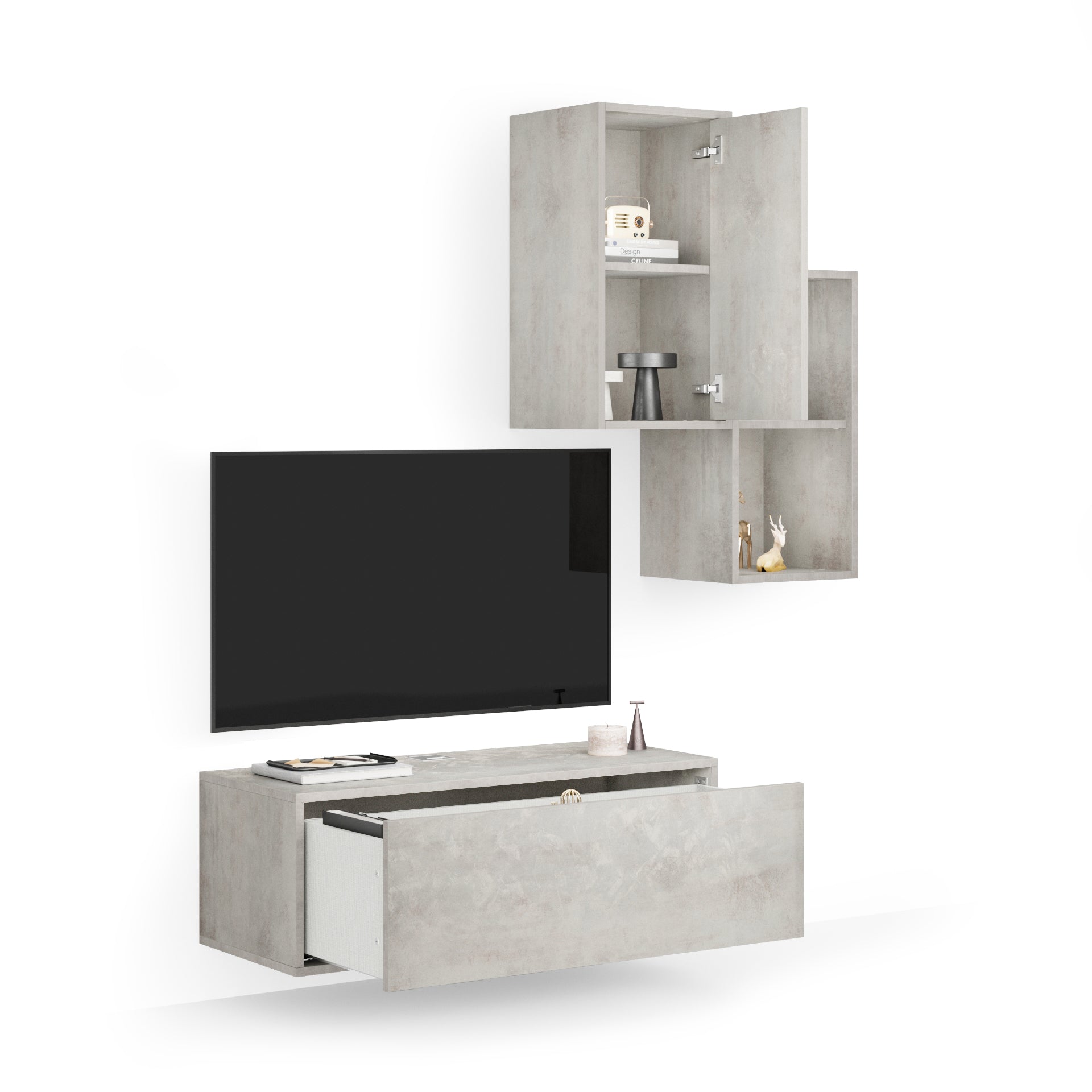 Composición de pared Iacopo para salón 2, color cemento gris, 150x42x177 cm