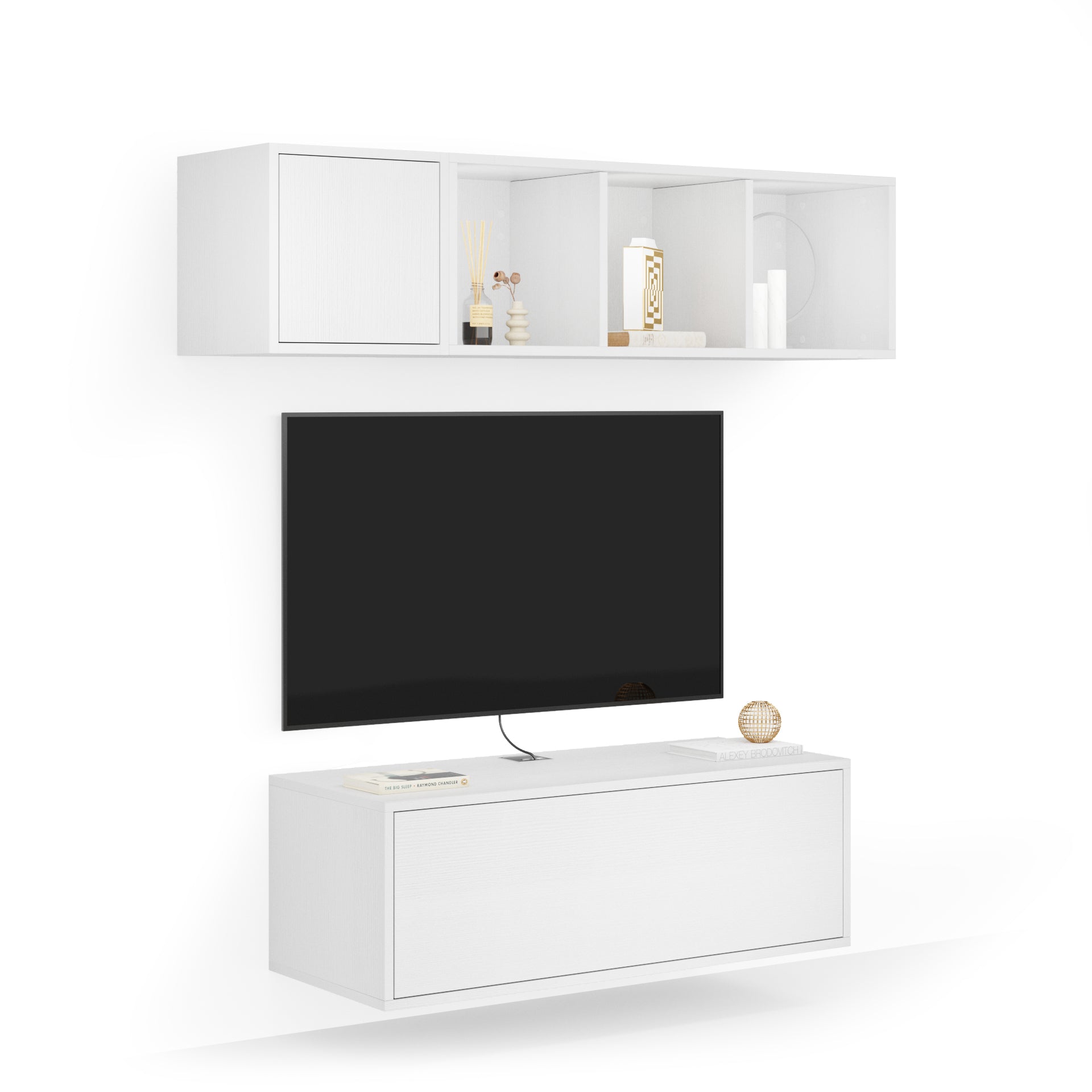 Parede de Tv Iacopo 3, freixo branco, 140x42x150 cm - Main image