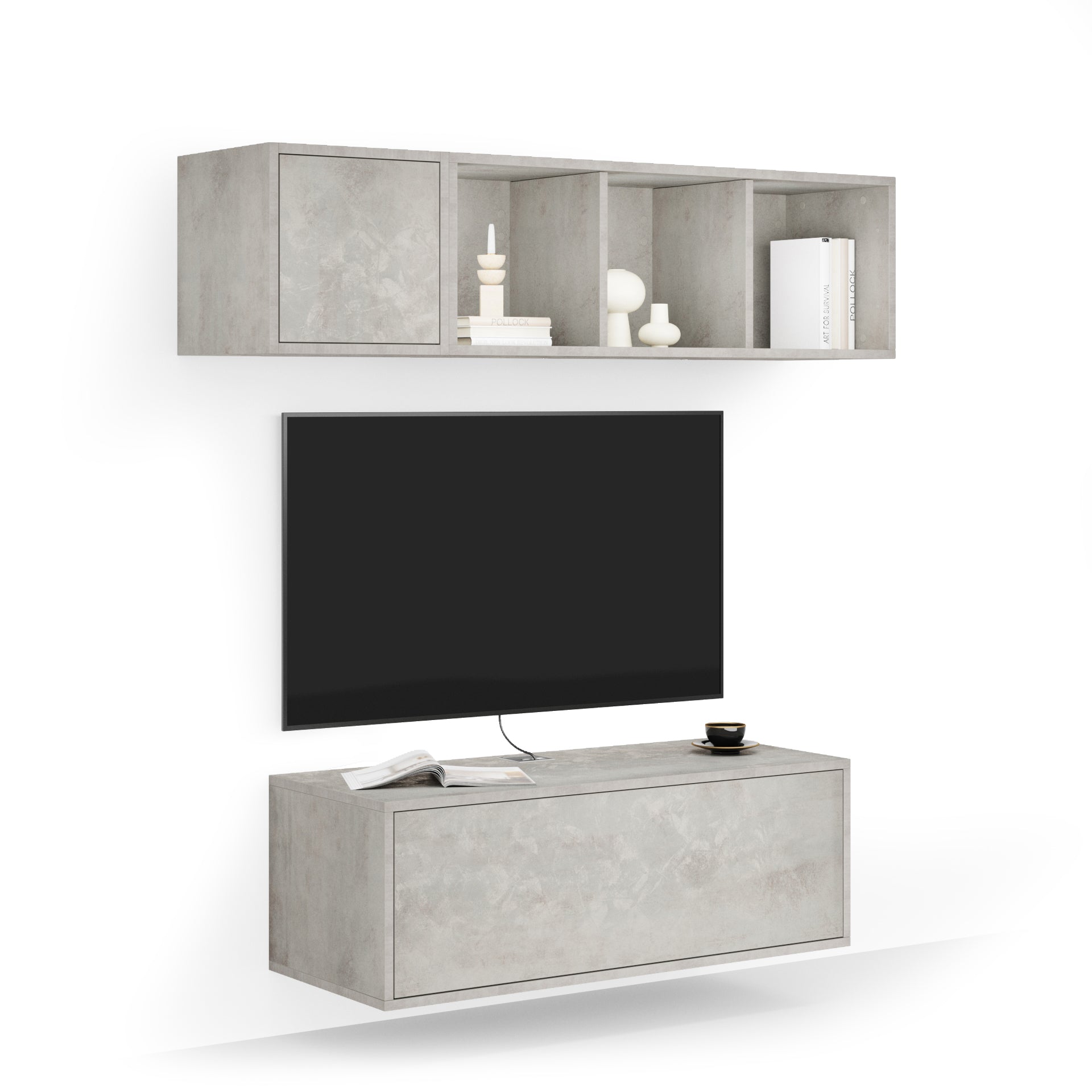 Parete Soggiorno Iacopo 3, Grigio Cemento, 140x42x150 cm