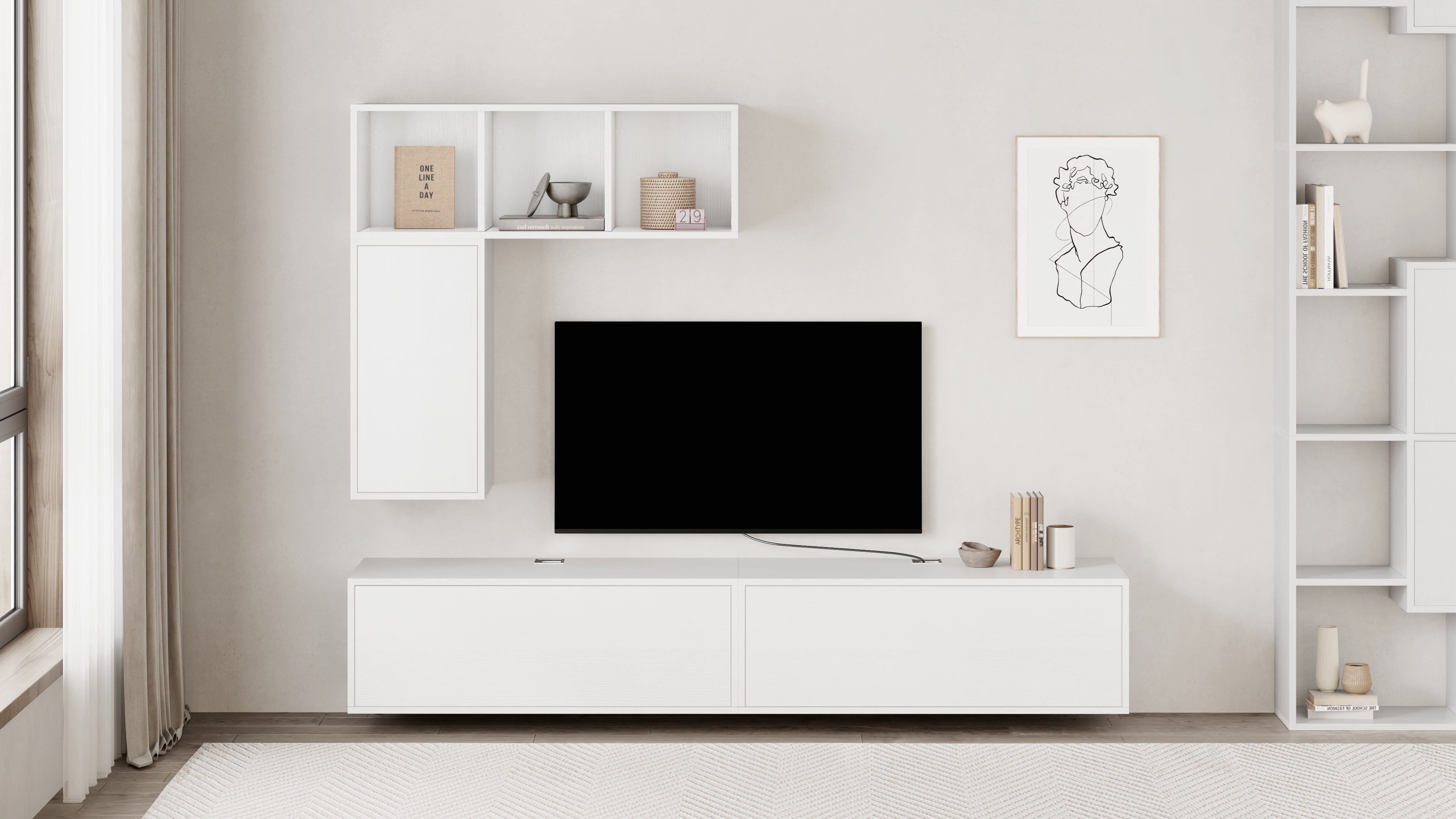 Porta Tv sospeso Iacopo Con Cassetto, Bianco Frassino - Immagine ambientata 1
