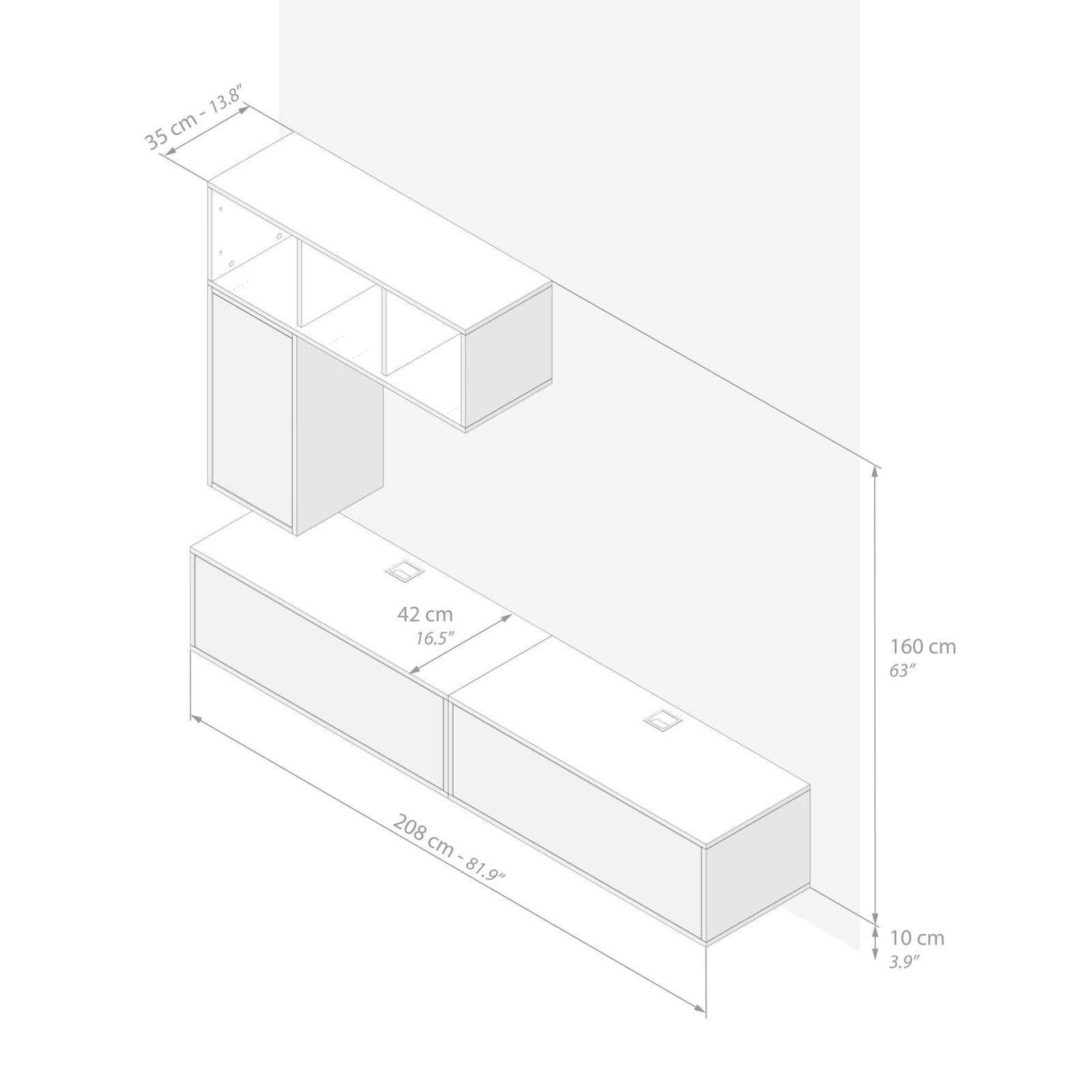Wohnzimmerwand Iacopo 5, Esche Schwarz, 208x42x160 cm - Immagine tecnica 1