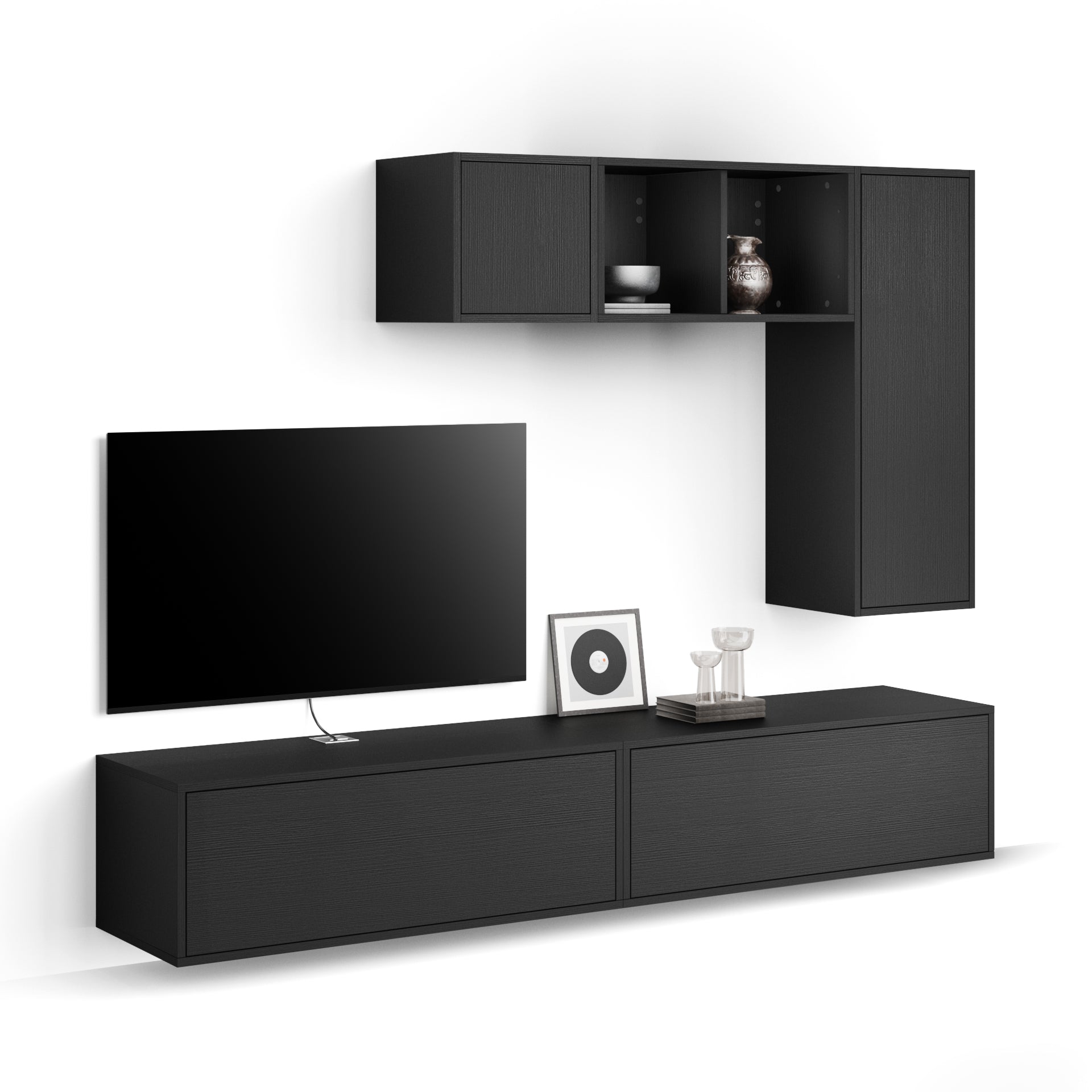 Composición de pared Iacopo para salón 6, color madera negra, 208x42x160 cm