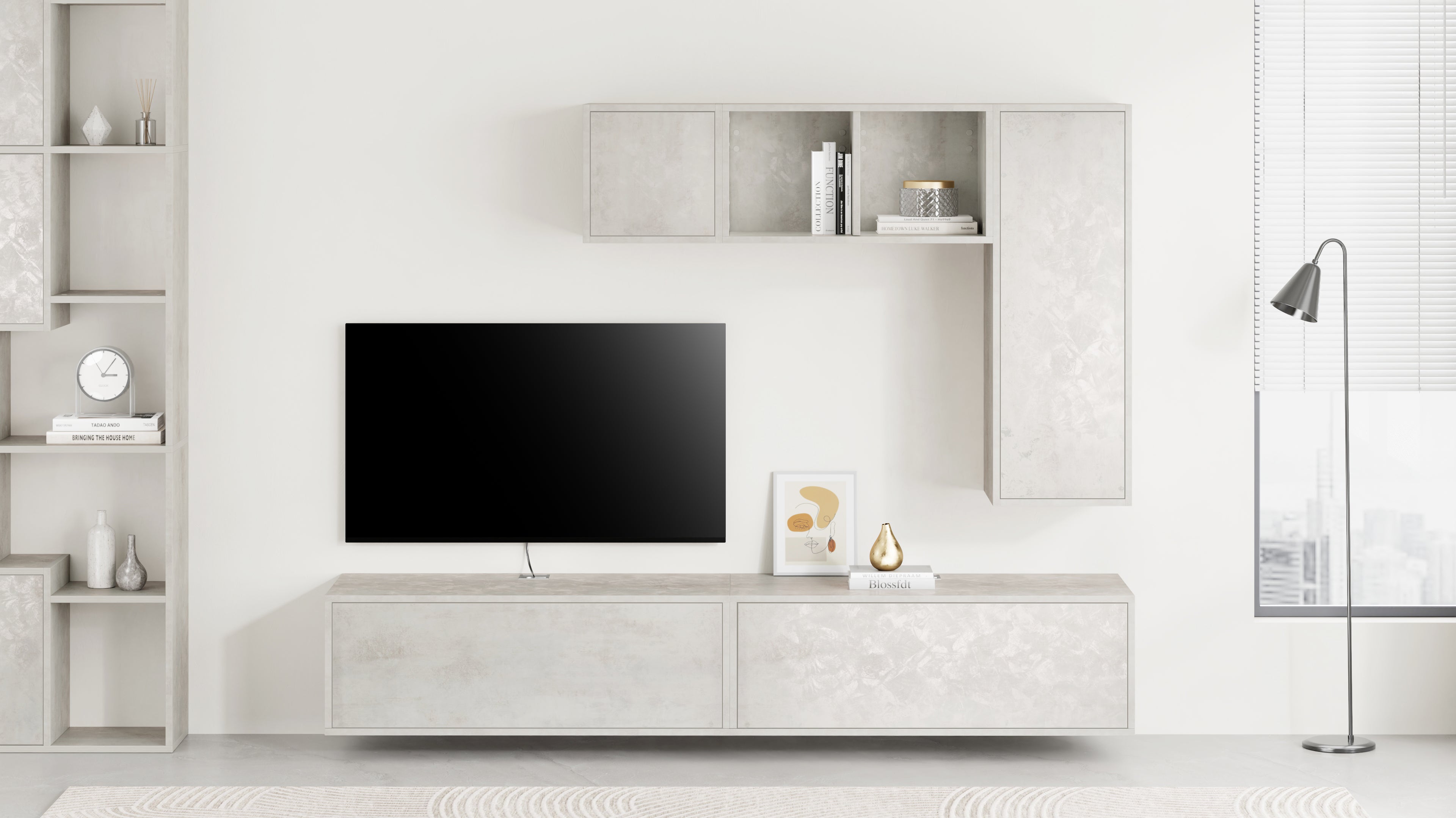 Wohnzimmerwand Iacopo 6, Grauer Beton, 208x42x160 cm - Set image 1