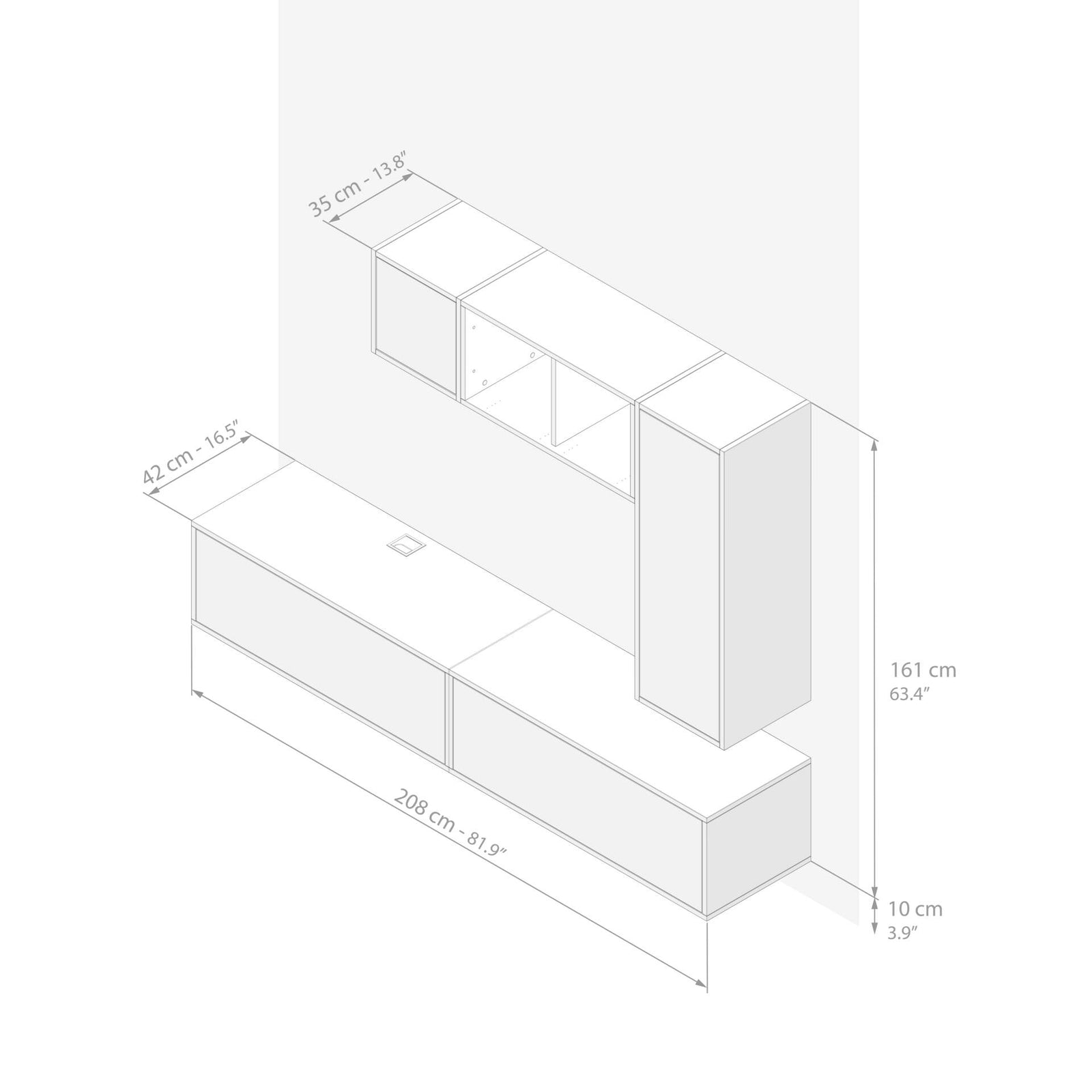 Wohnzimmerwand Iacopo 6, Esche Weiß, 208x42x160 cm - Immagine tecnica 1
