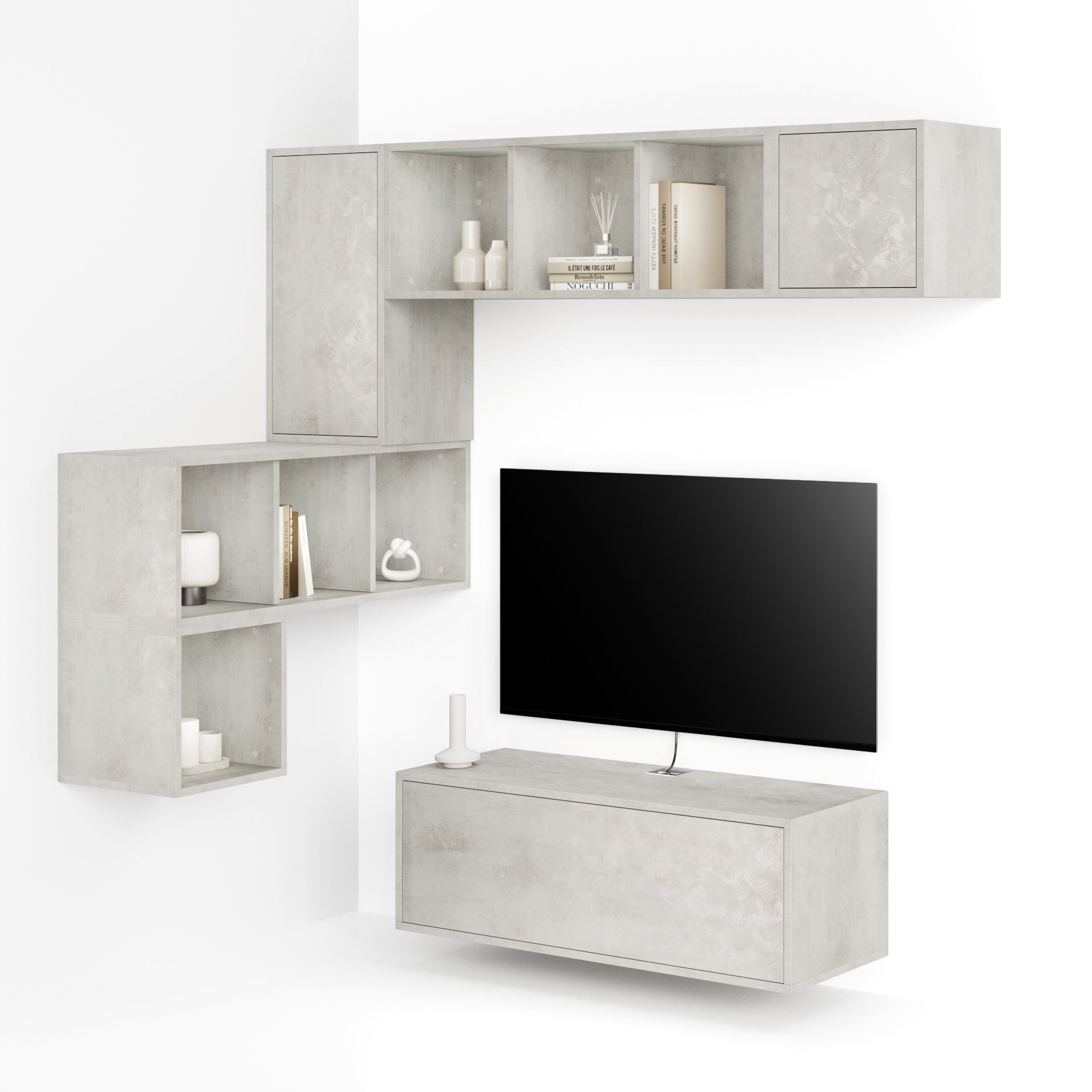 Composición de pared Iacopo para salón 9, color cemento gris, 280x42x188 cm