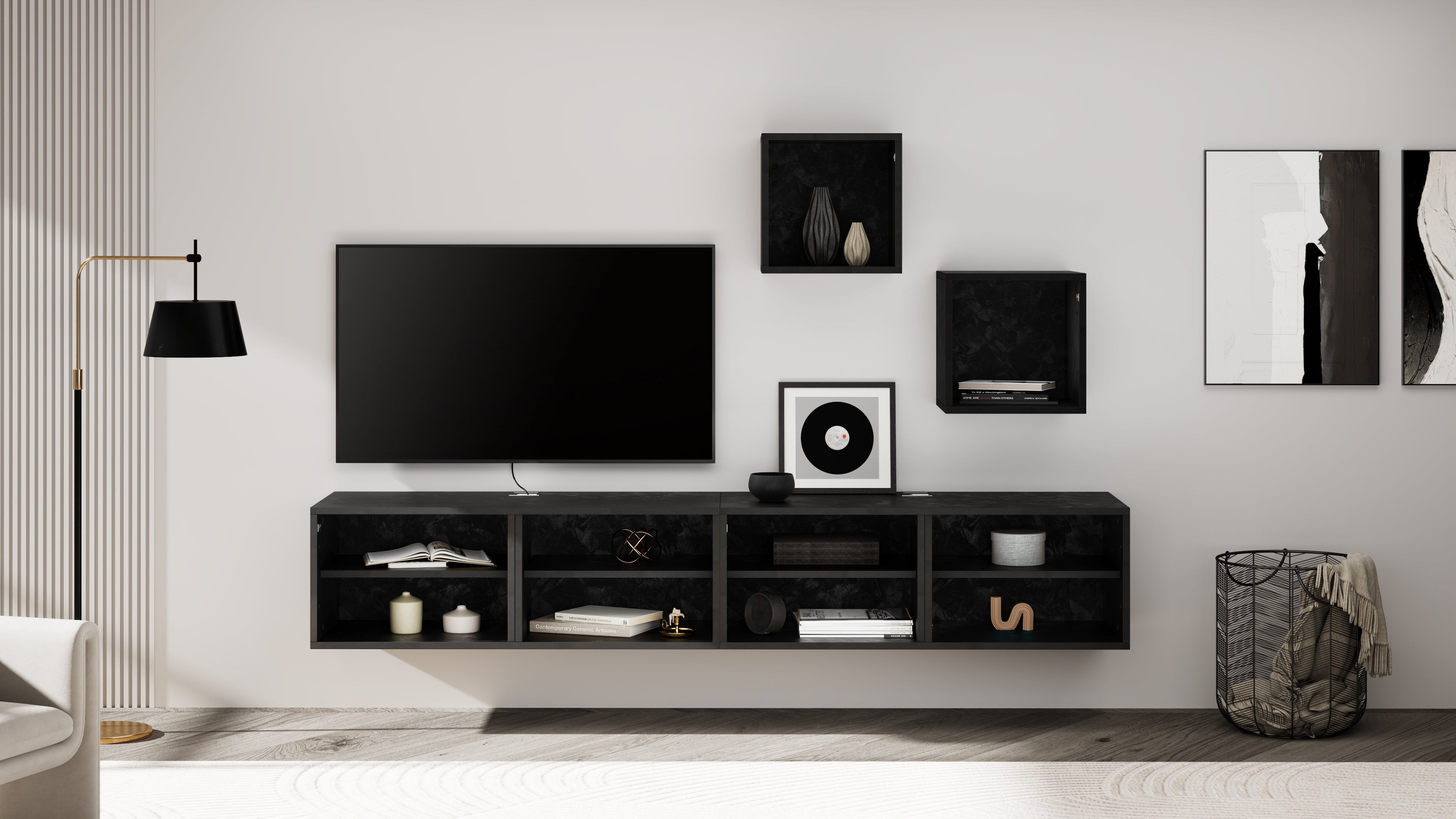 Porta Tv sospeso X Senza Anta, Nero Cemento - Immagine ambientata 1