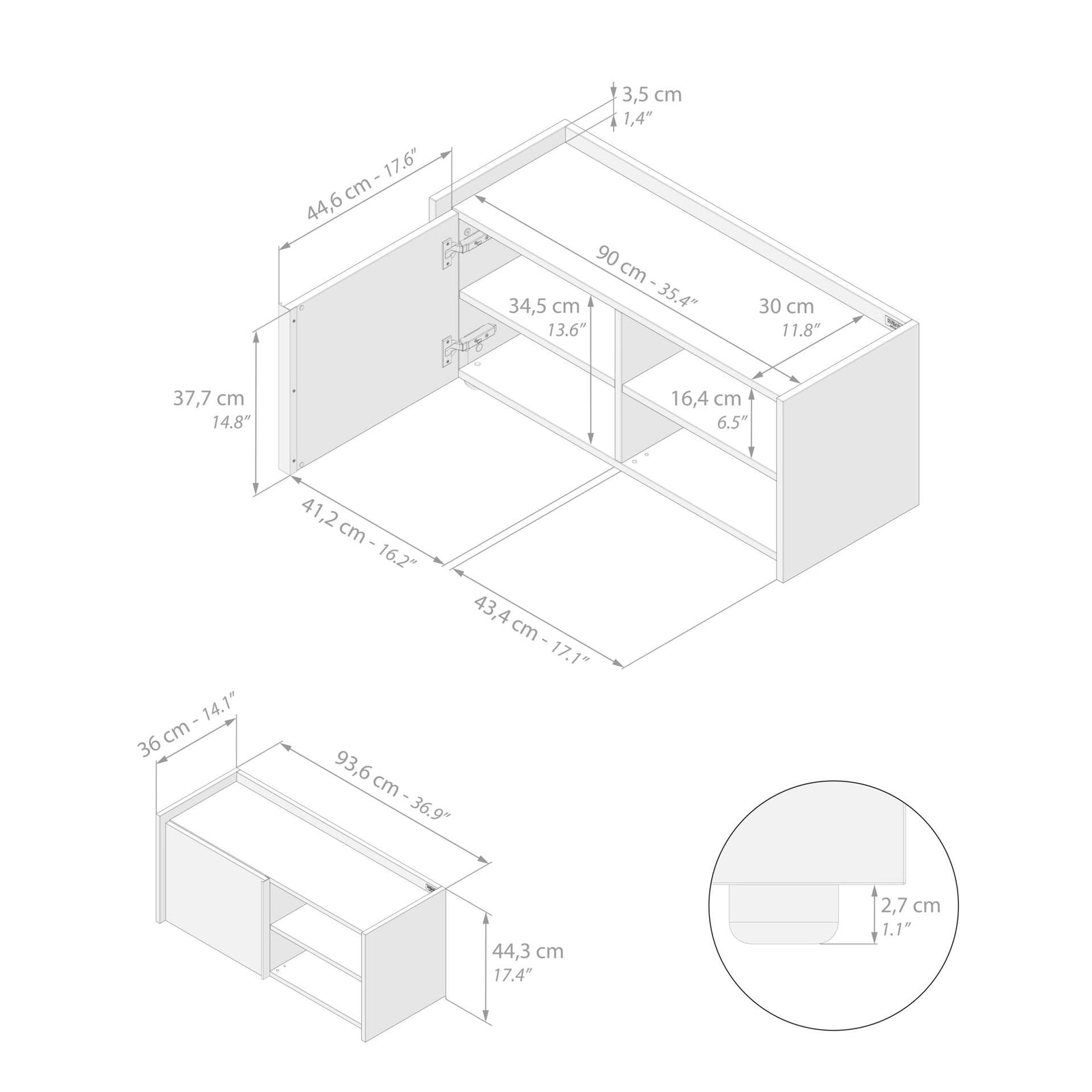 Mueble Bajo Romina (93,6x36x44 cm), con 1 Puerta, Fresno Blanco - Immagine tecnica 1
