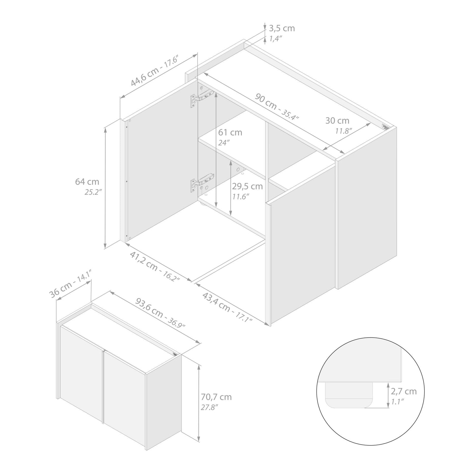 Mobile Basso Romina (93,6x36x70 cm), 2 Ante, Nero Frassino - Immagine tecnica 1