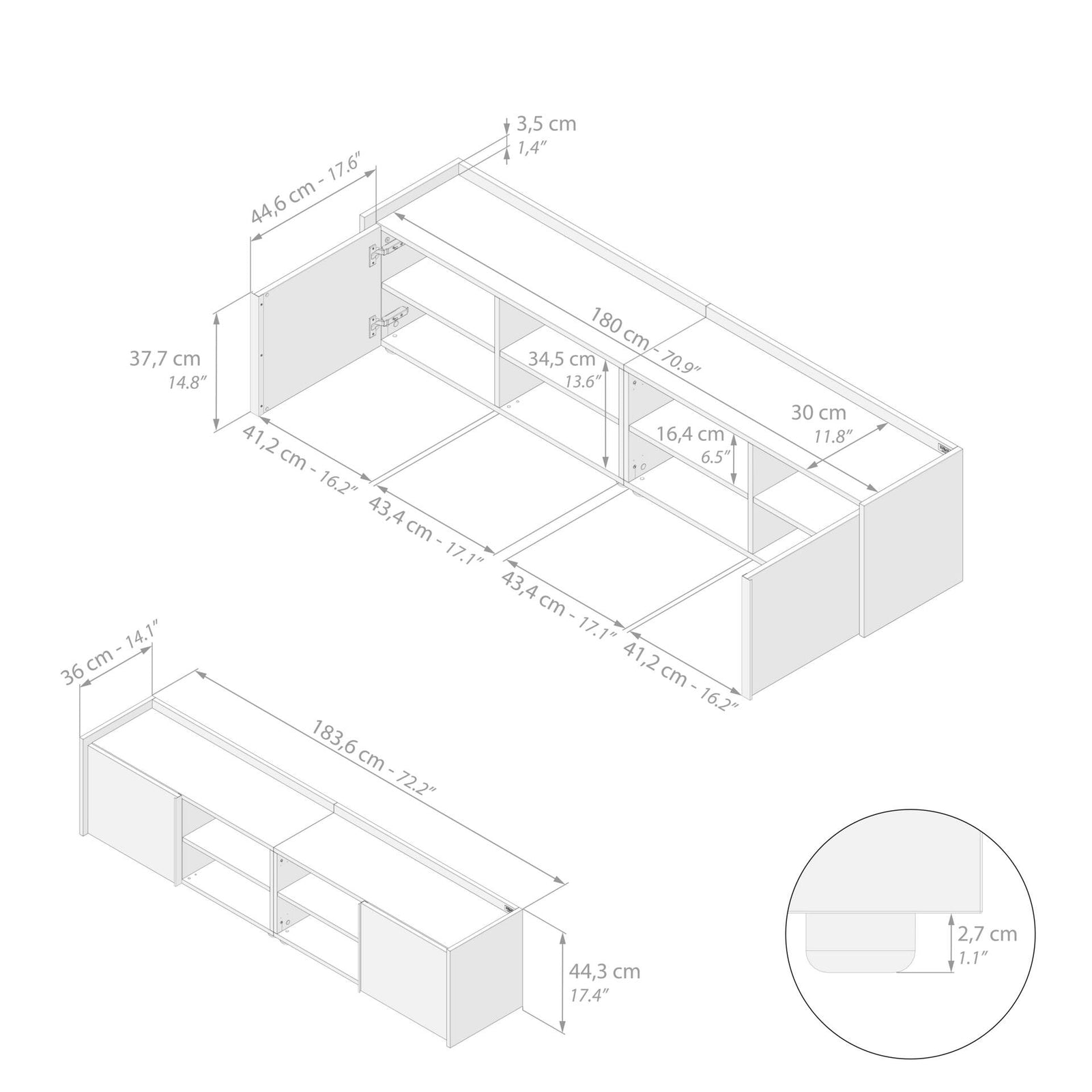 Lowboard Romina (183,6x36x44 cm), 2 Türen, Rustikale Eiche - Immagine tecnica 1