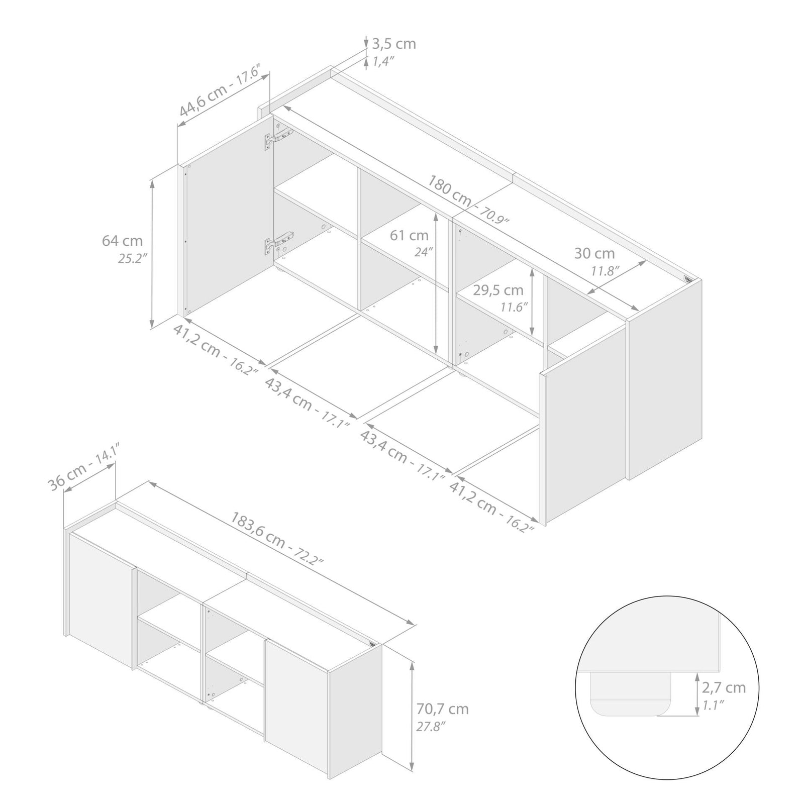 Meuble Bas Romina (183,6x36x70 cm), 2 Portes, Chêne Clair - Immagine tecnica 1
