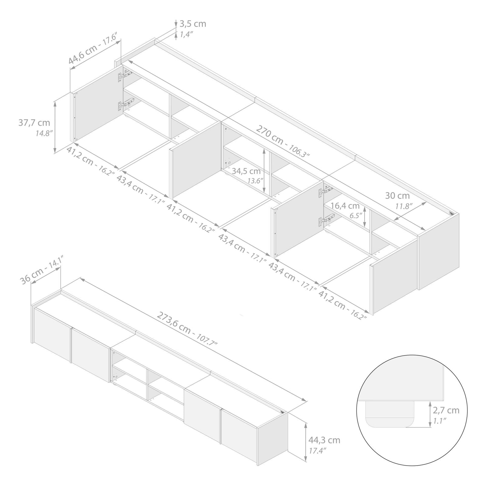 Lowboard Romina (273,6x36x44 cm), 4 Türen, Rustikale Eiche - Immagine tecnica 1