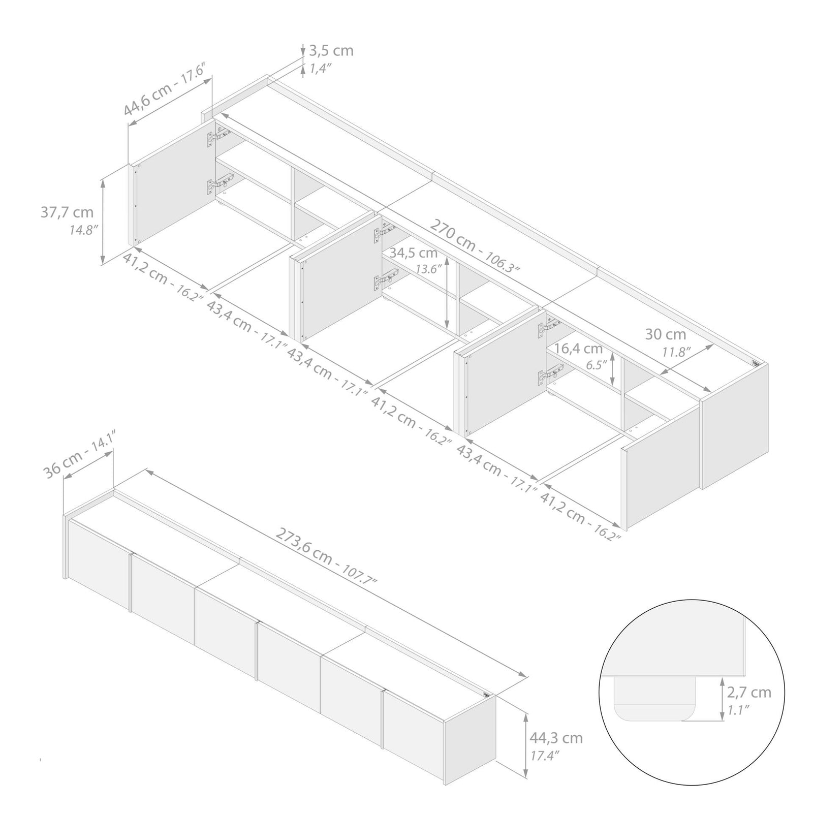 Lowboard Romina (273,6x36x44 cm), 6 Türen, Rustikale Eiche - Immagine tecnica 1
