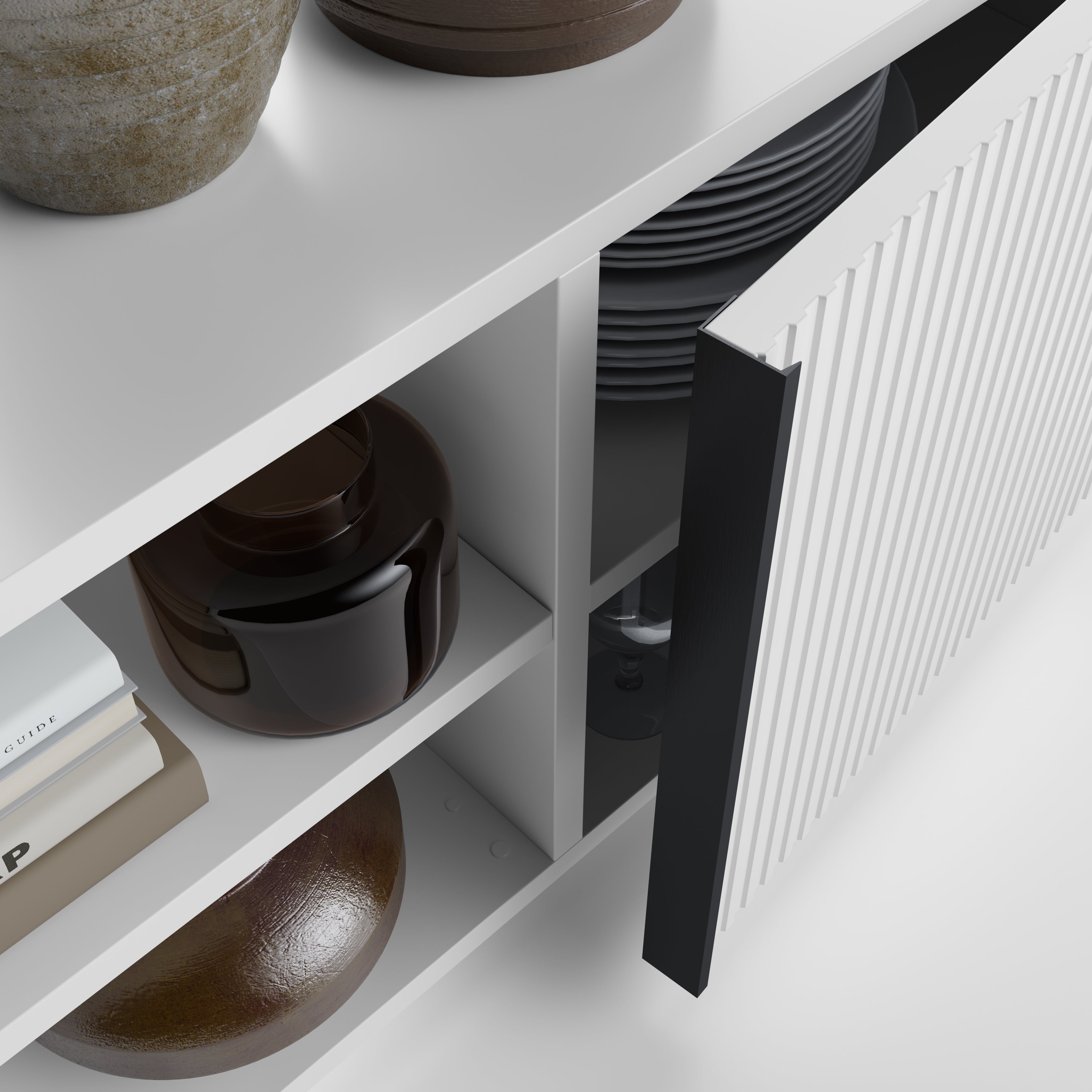 Buffet bas cannelé Romina (273,6x36x70 cm), 4 Portes, Blanc Mat - Detail image 3