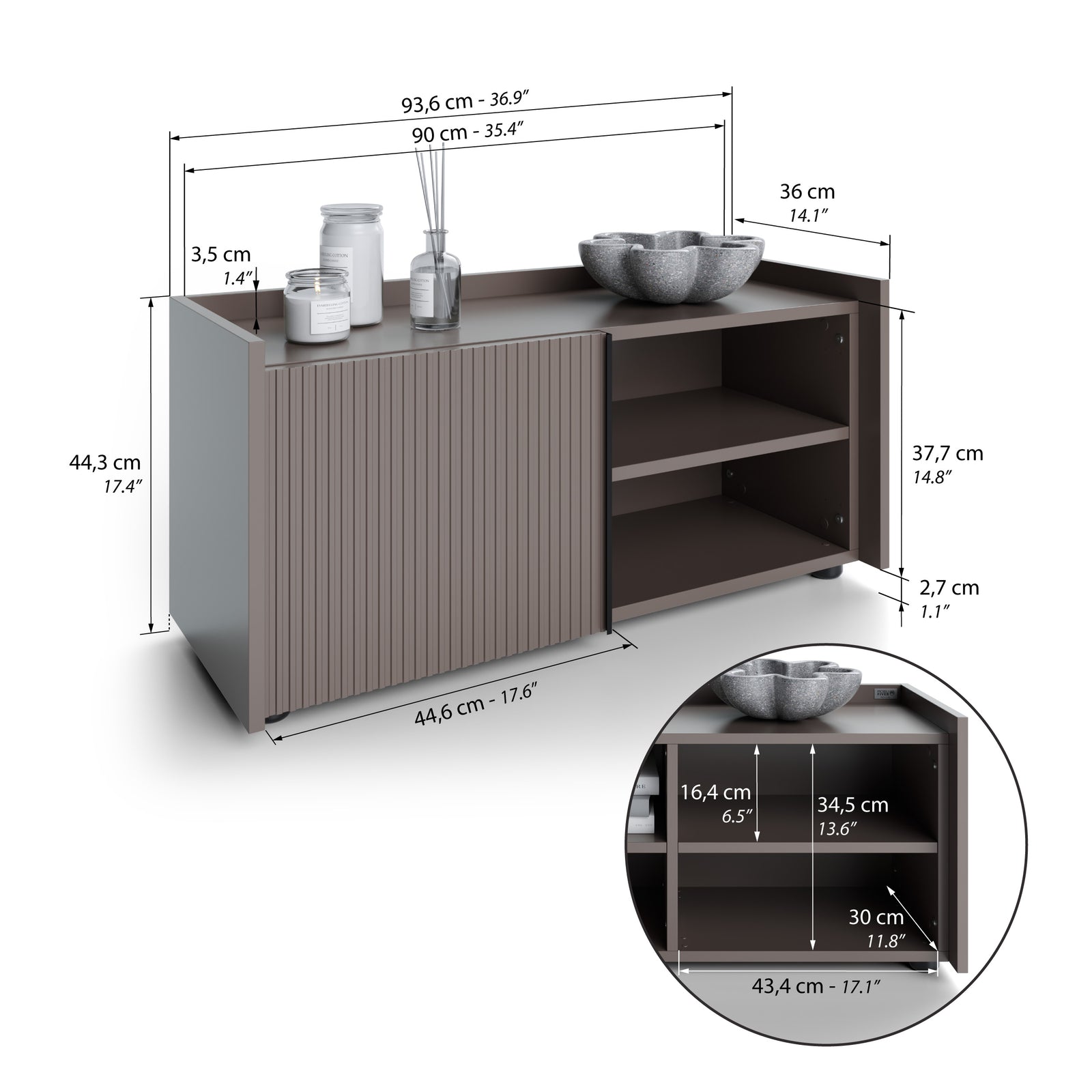 Buffet bas cannelé Romina (93,6x36x44 cm), 1 Porte, Gris Bleuté - Immagine tecnica 1