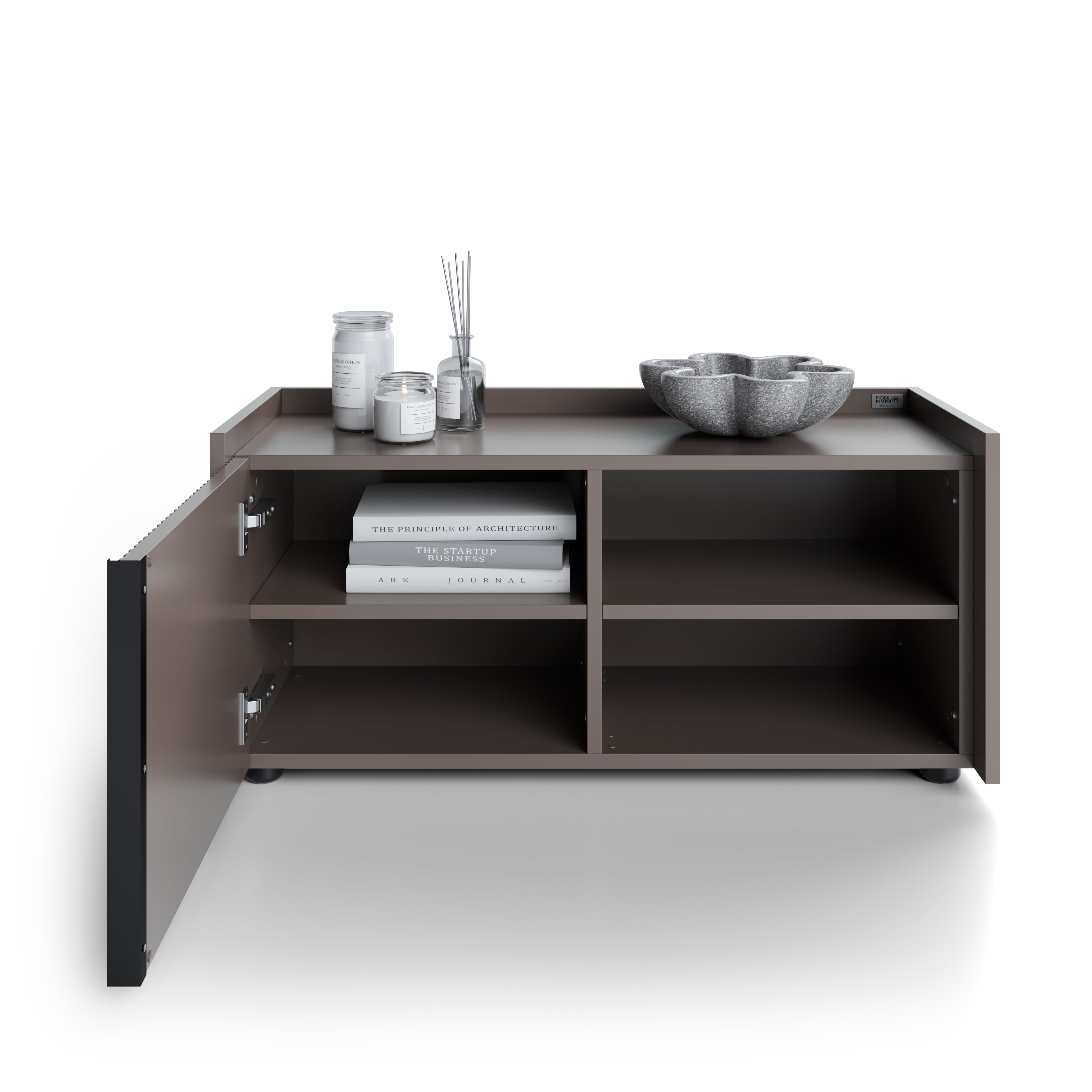 Buffet bas cannelé Romina (93,6x36x44 cm), 1 Porte, Gris Bleuté