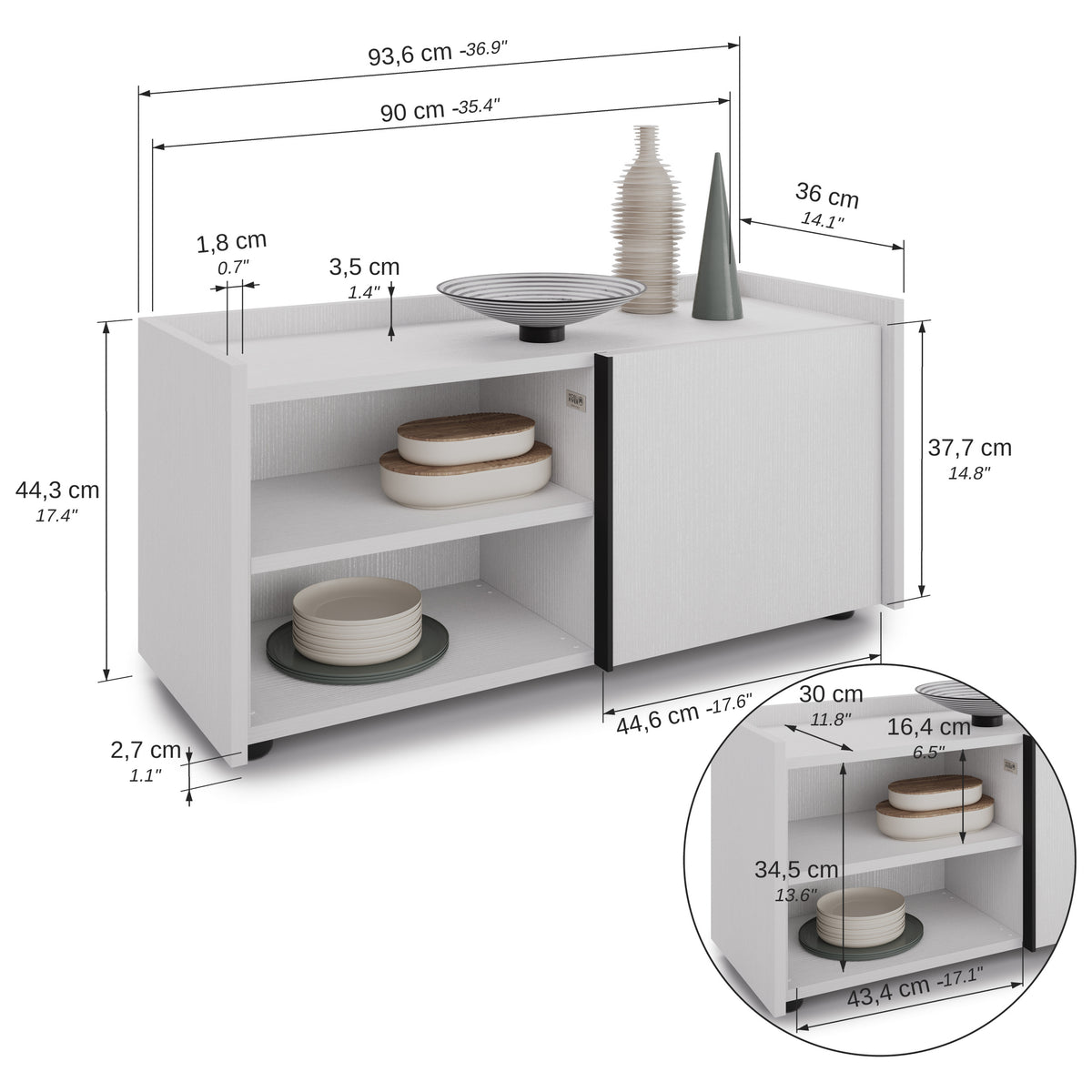 Mobile Basso Romina (93,6x36x44 cm), 1 Drzwiczki, Biały Jesion - Immagine tecnica 1