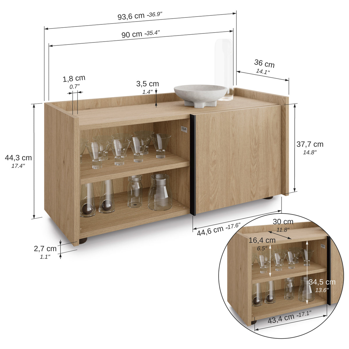 Mobile Basso Romina (93,6x36x44 cm), 1 Drzwiczki, Dąb Naturalny - Immagine tecnica 1