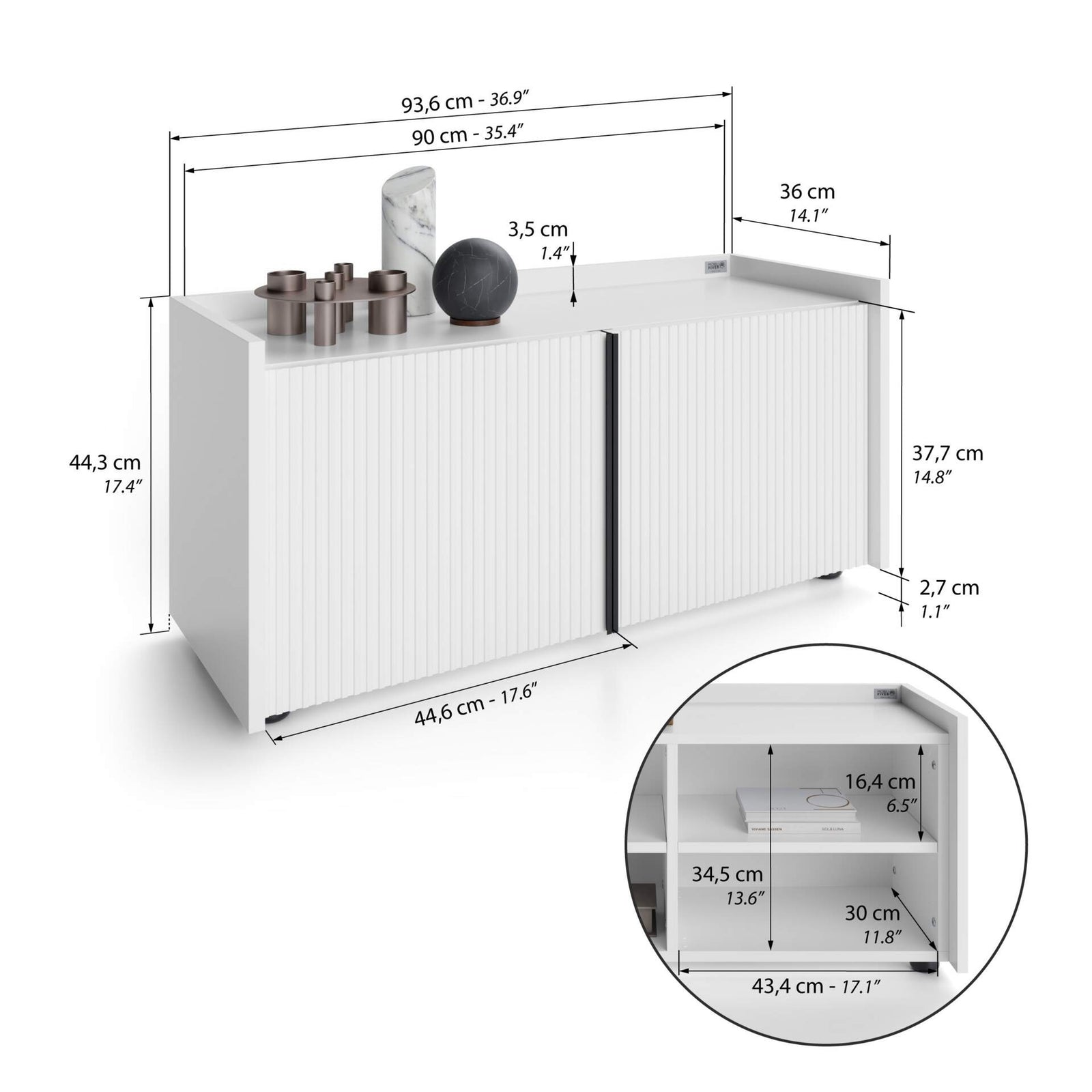 Niedriges gerilltes Sideboard Romina (93,6x36x44 cm), 2 Türen, Weiß Matt - Immagine tecnica 1
