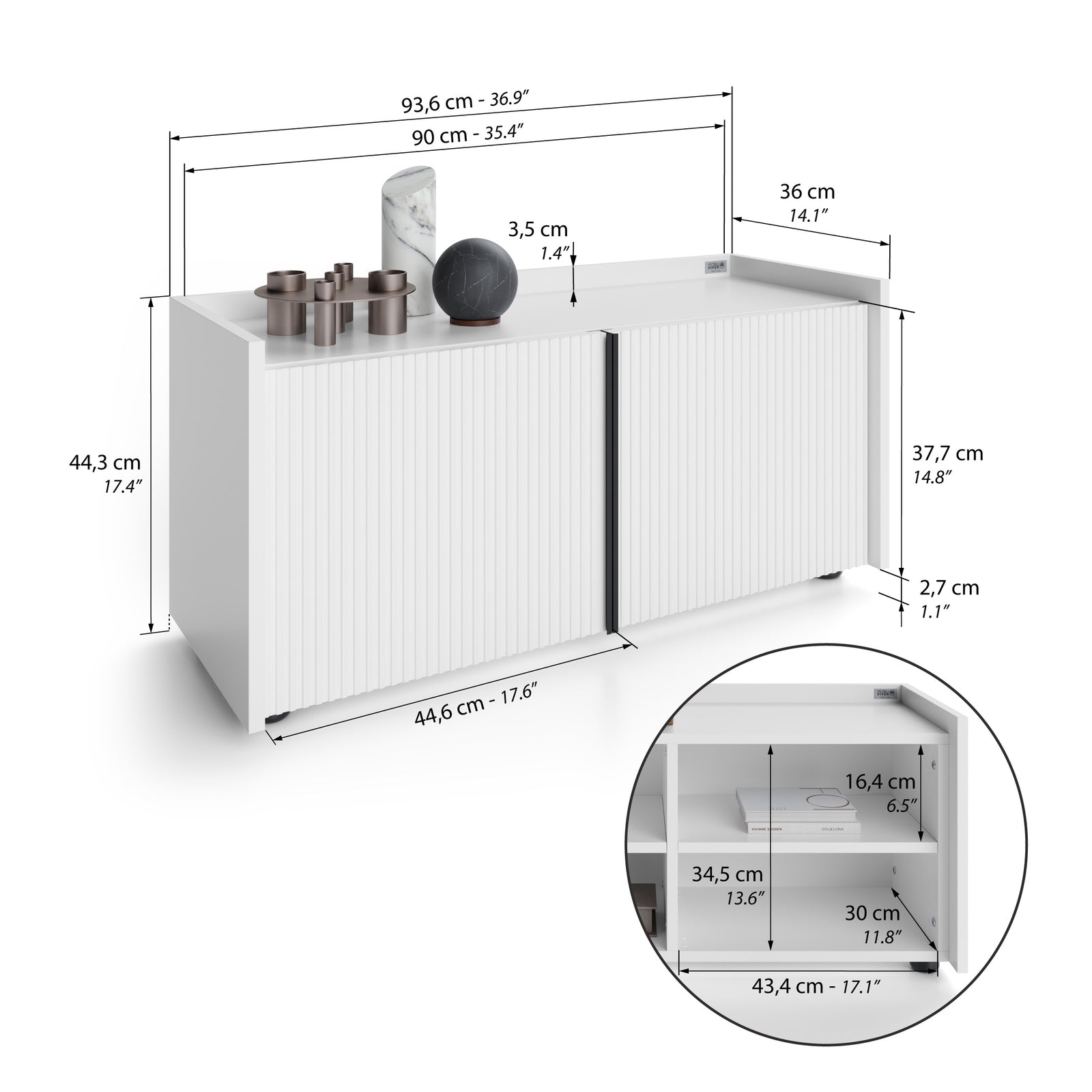 Buffet bas cannelé Romina (93,6x36x44 cm), 2 Portes, Blanc Mat - Immagine tecnica 1