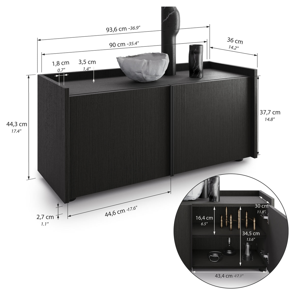 Mobile Basso Romina (93,6x36x44 cm), 2 Drzwiczki, Czarny Jesion - Immagine tecnica 1