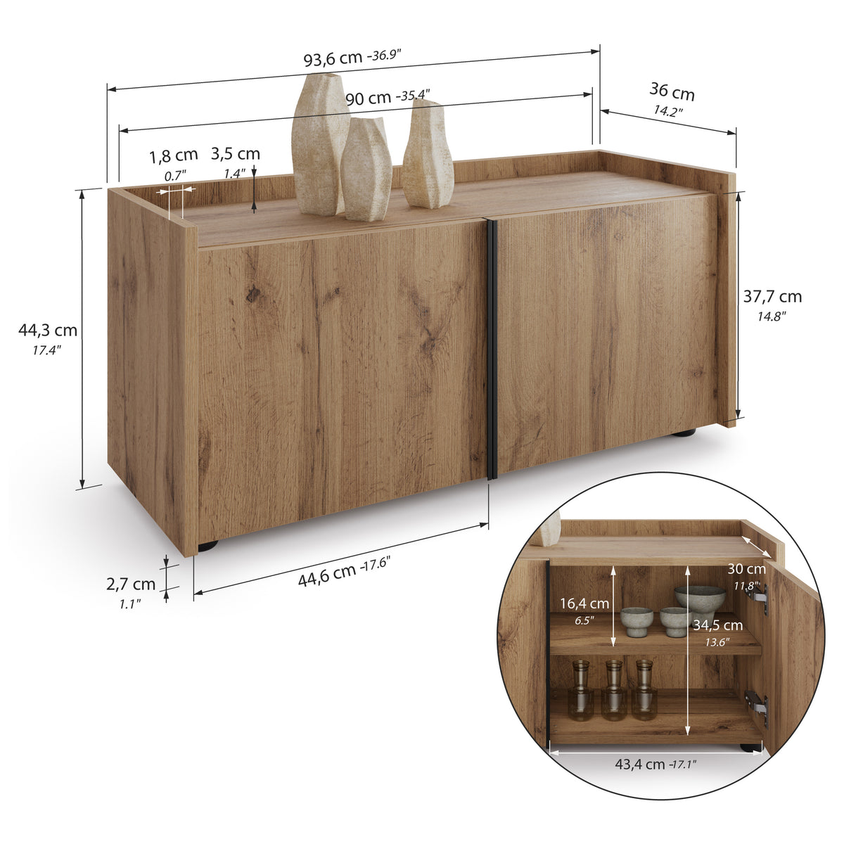 Romina lavt skjenk (93,6x36x44 cm), 2 dører, rustikk eik - Immagine tecnica 1