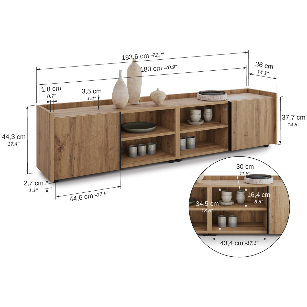 Romina Low Sideboard (183.6x36x44 cm), 2 Doors, Rustic Oak - Immagine tecnica 1