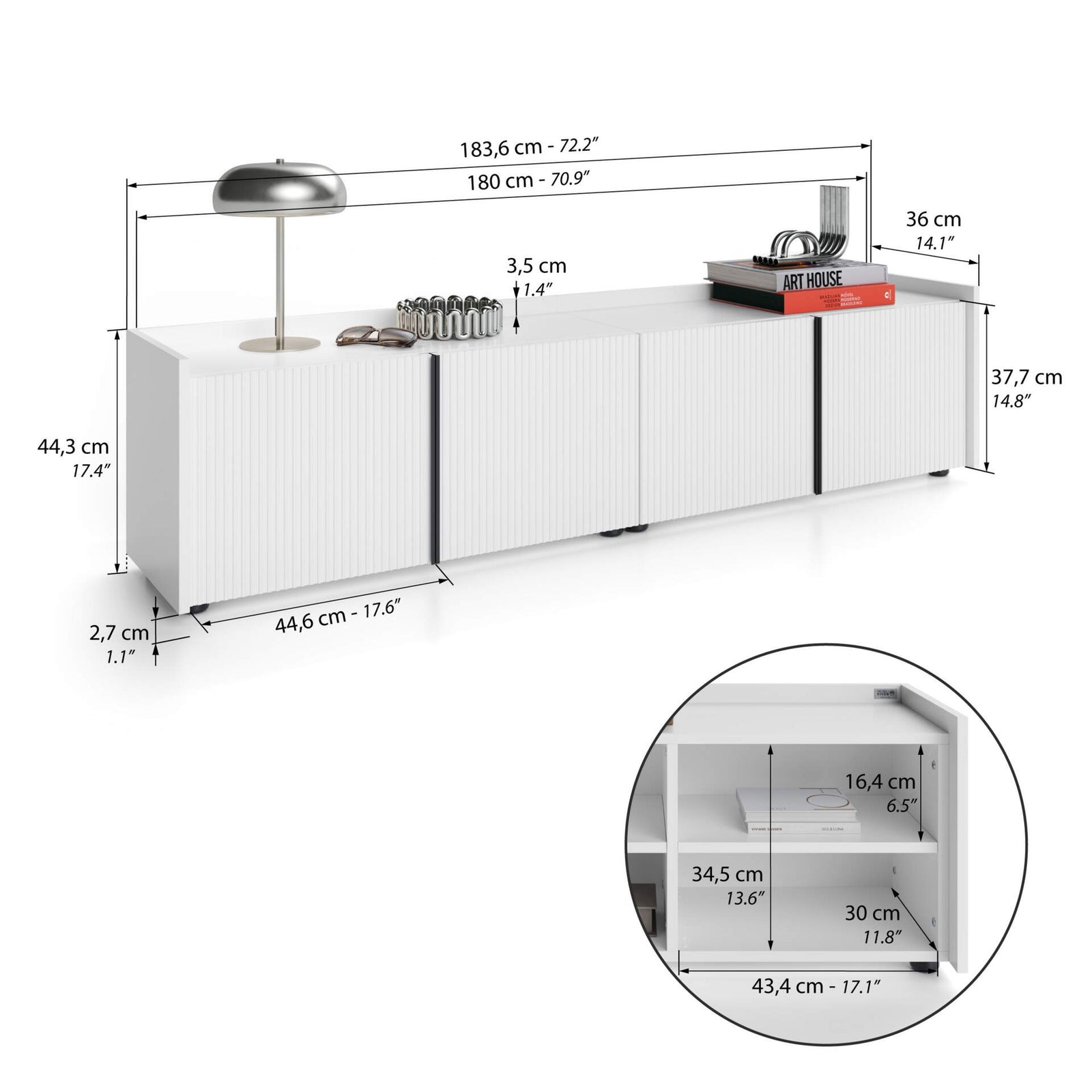 Niedriges gerilltes Sideboard Romina (183,6x36x44 cm), 4 Türen, Weiß Matt - Immagine tecnica 1