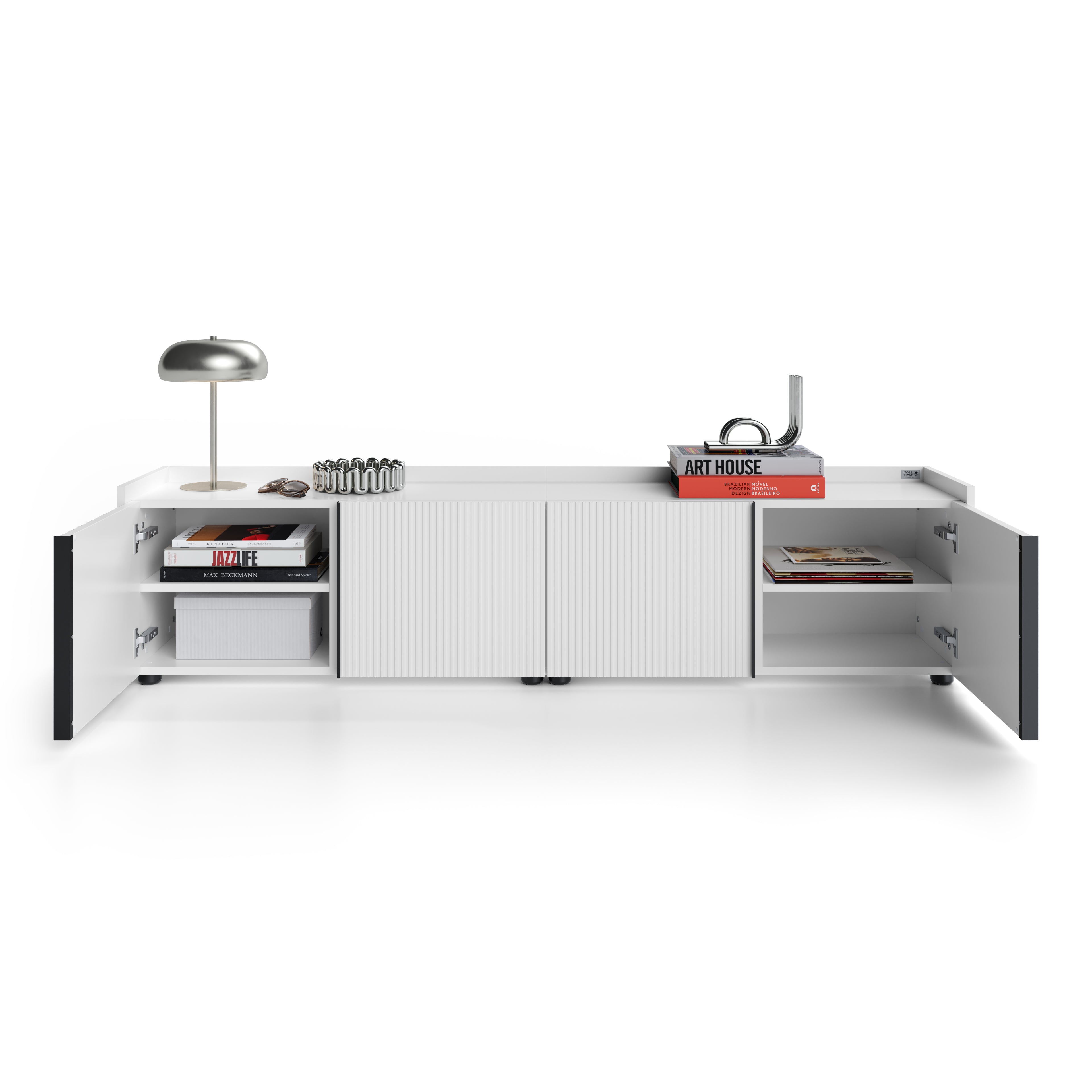 Laag geribbeld dressoir Romina (183,6x36x44 cm), 4 Deuren, Mat Wit