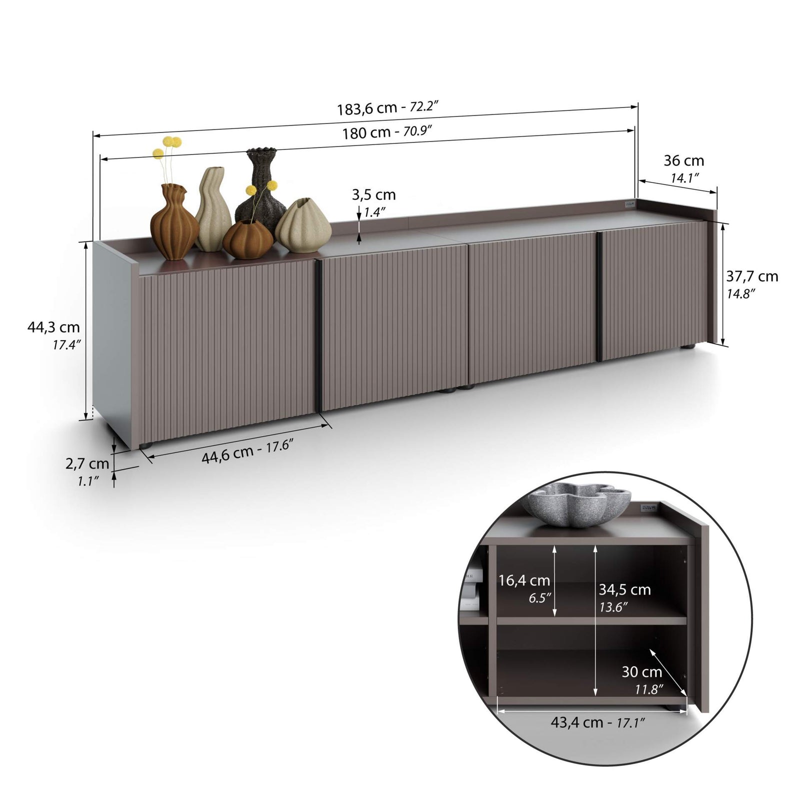 Niedriges gerilltes Sideboard Romina (183,6x36x44 cm), 4 Türen, Kobaltgrau - Immagine tecnica 1