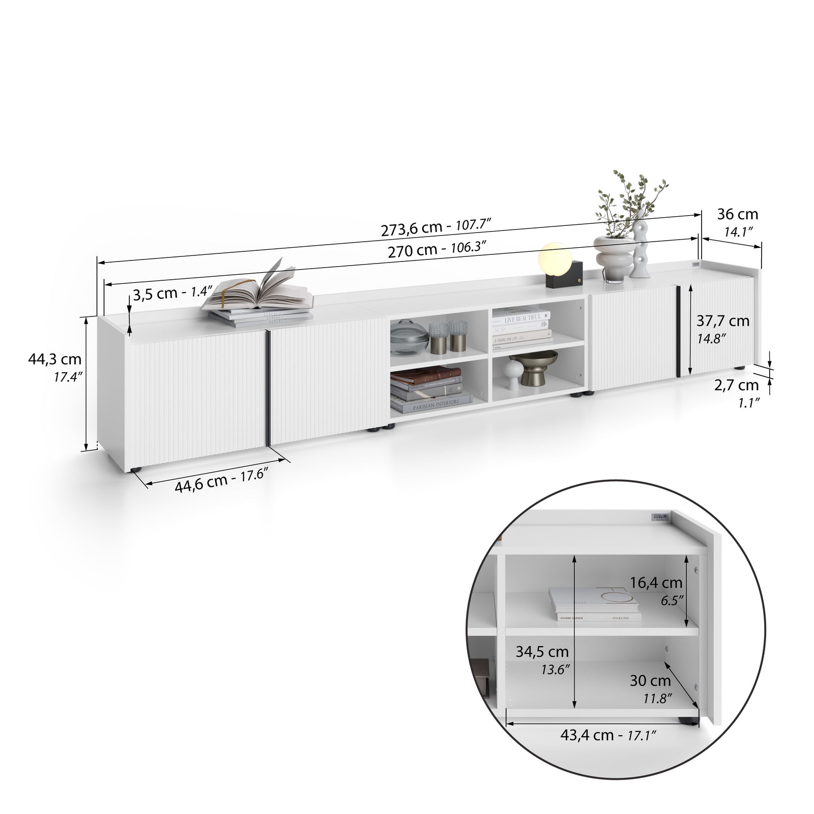 Niedriges gerilltes Sideboard Romina (273,6x36x44 cm), 4 Türen, Weiß Matt - Immagine tecnica 1