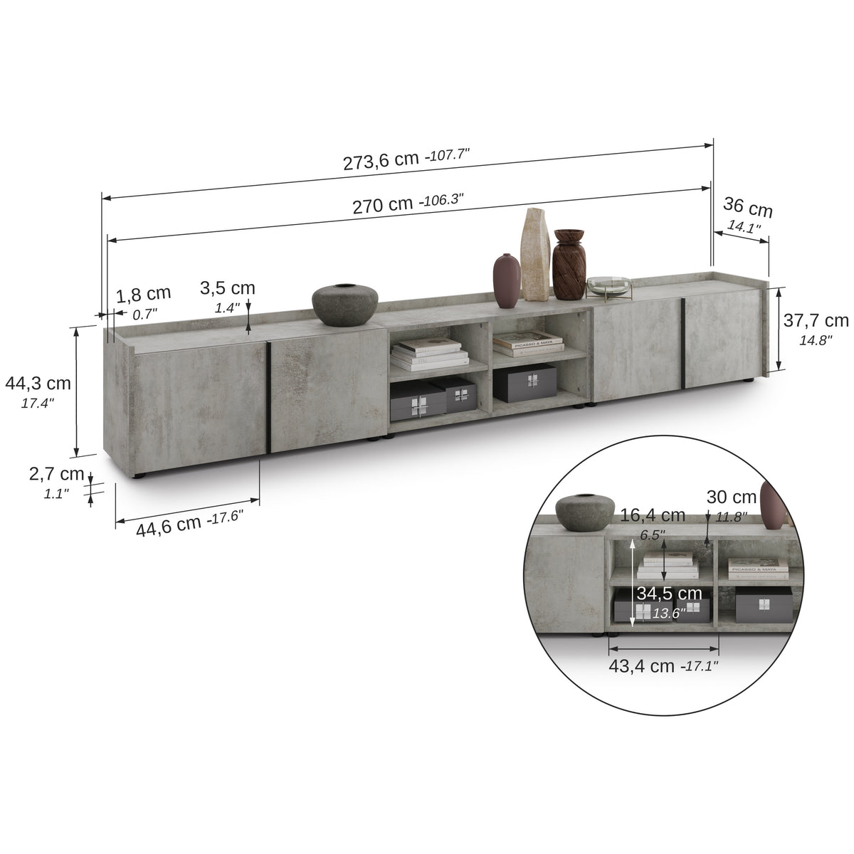 Nizka omara Romina (273,6x36x44 cm), 4 vrata, siva cement. - Immagine tecnica 1