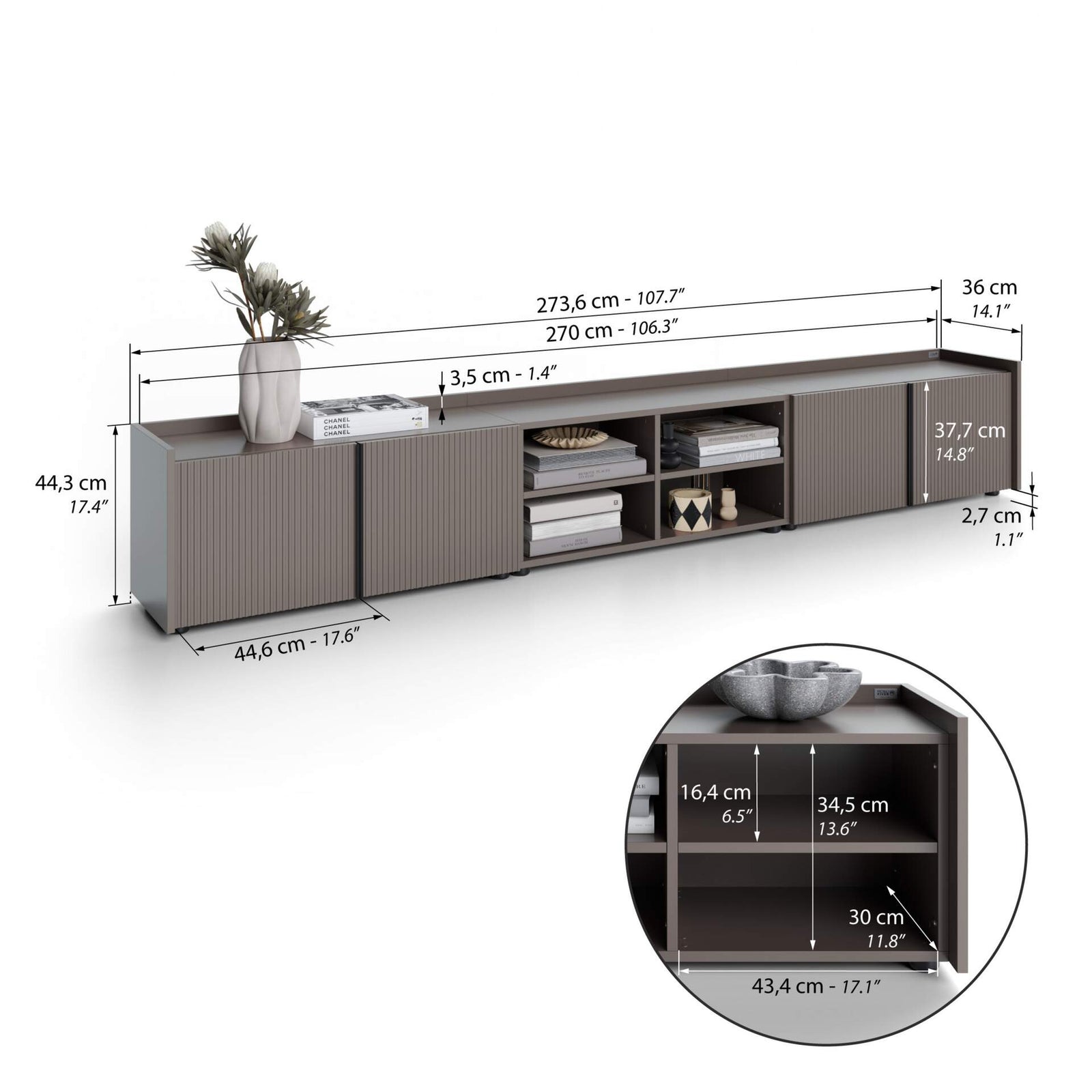 Niedriges gerilltes Sideboard Romina (273,6x36x44 cm), 4 Türen, Kobaltgrau - Immagine tecnica 1