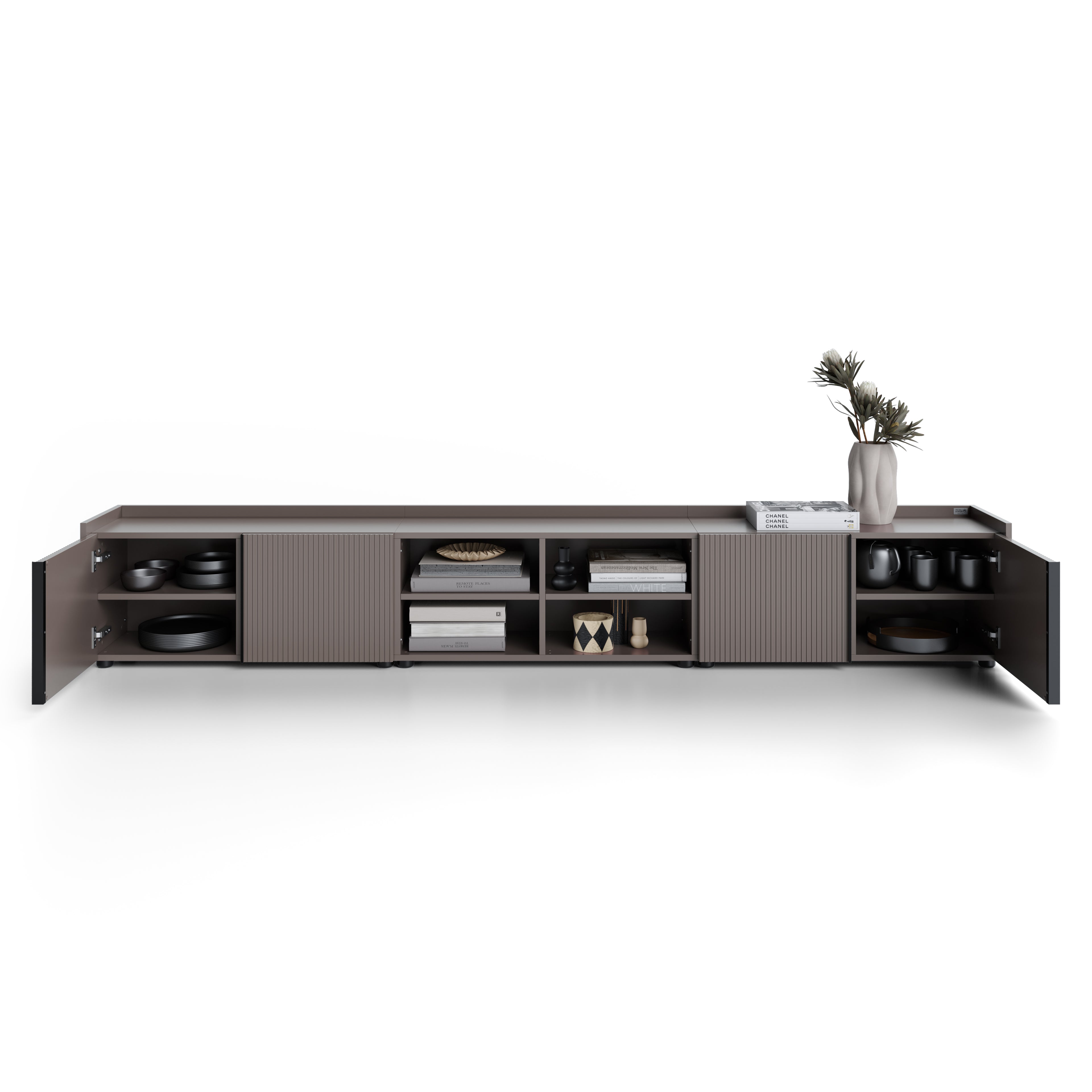 Buffet bas cannelé Romina (273,6x36x44 cm), 4 Portes, Gris Bleuté