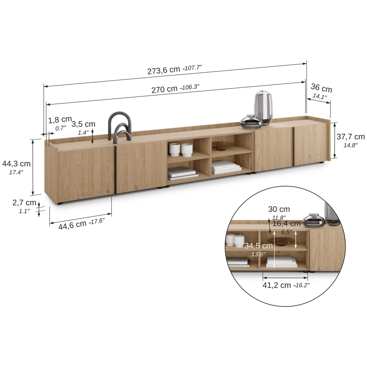 Romina Low Sideboard (273.6x36x44 cm), 4 Doors, Light Oak - Immagine tecnica 1