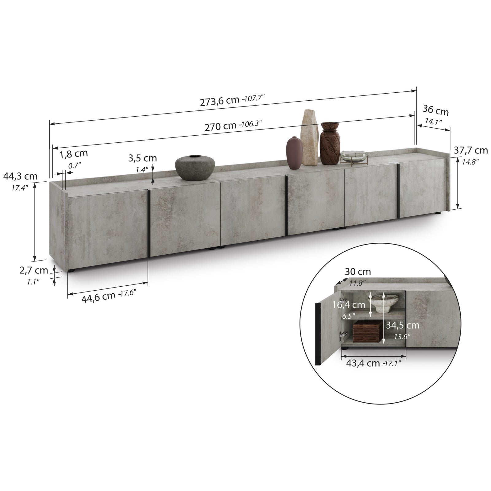 Mobil Basso Romina (273,6x36x44 cm), 6 ajtós, szürke cement - Immagine tecnica 1