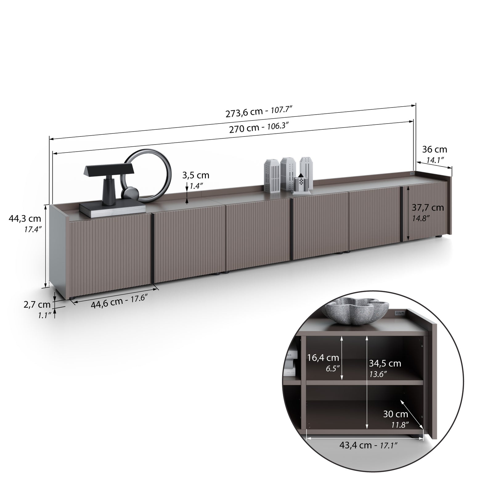 Romina Low Fluted Sideboard (273.6x36x44 cm), 6 Doors, Slate Grey - Immagine tecnica 1