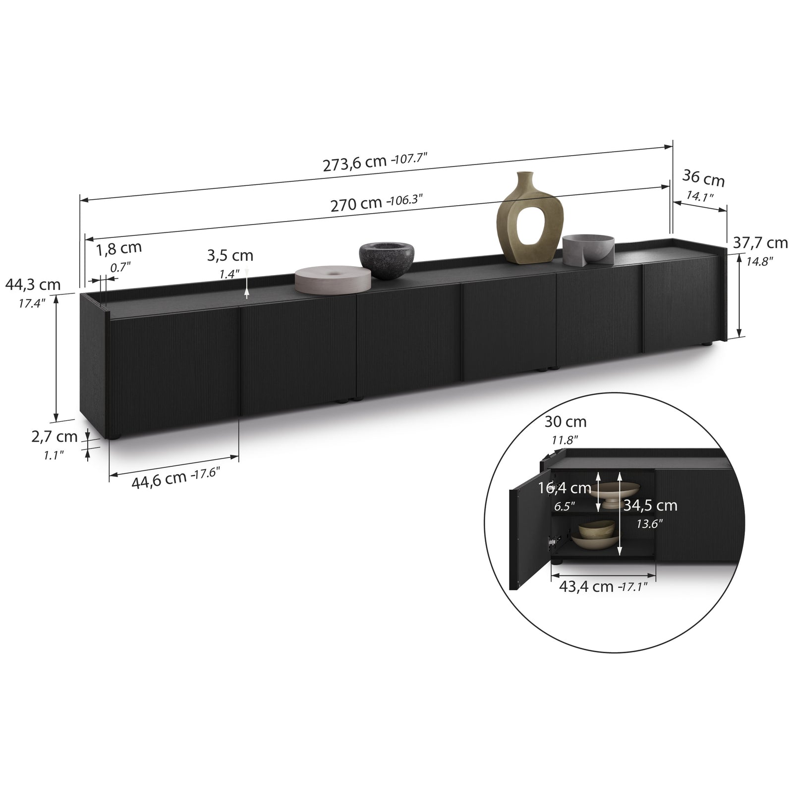 Mobile Basso Romina (273,6x36x44 cm), 6 Drzwiczek, Czarny Jesion - Immagine tecnica 1