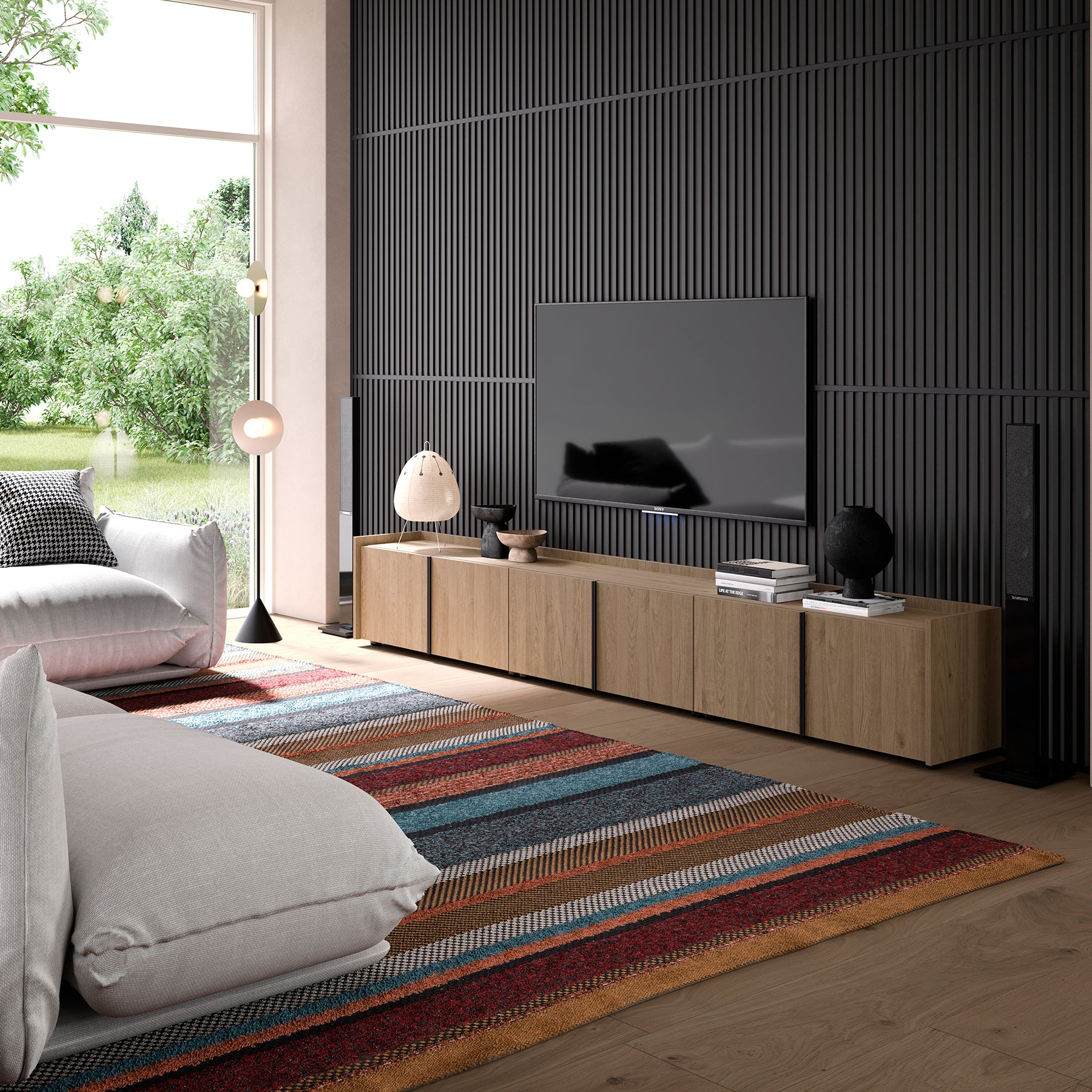 Romina Low Sideboard (72.28x14.17x27.55 in), 4 Doors, Light Oak