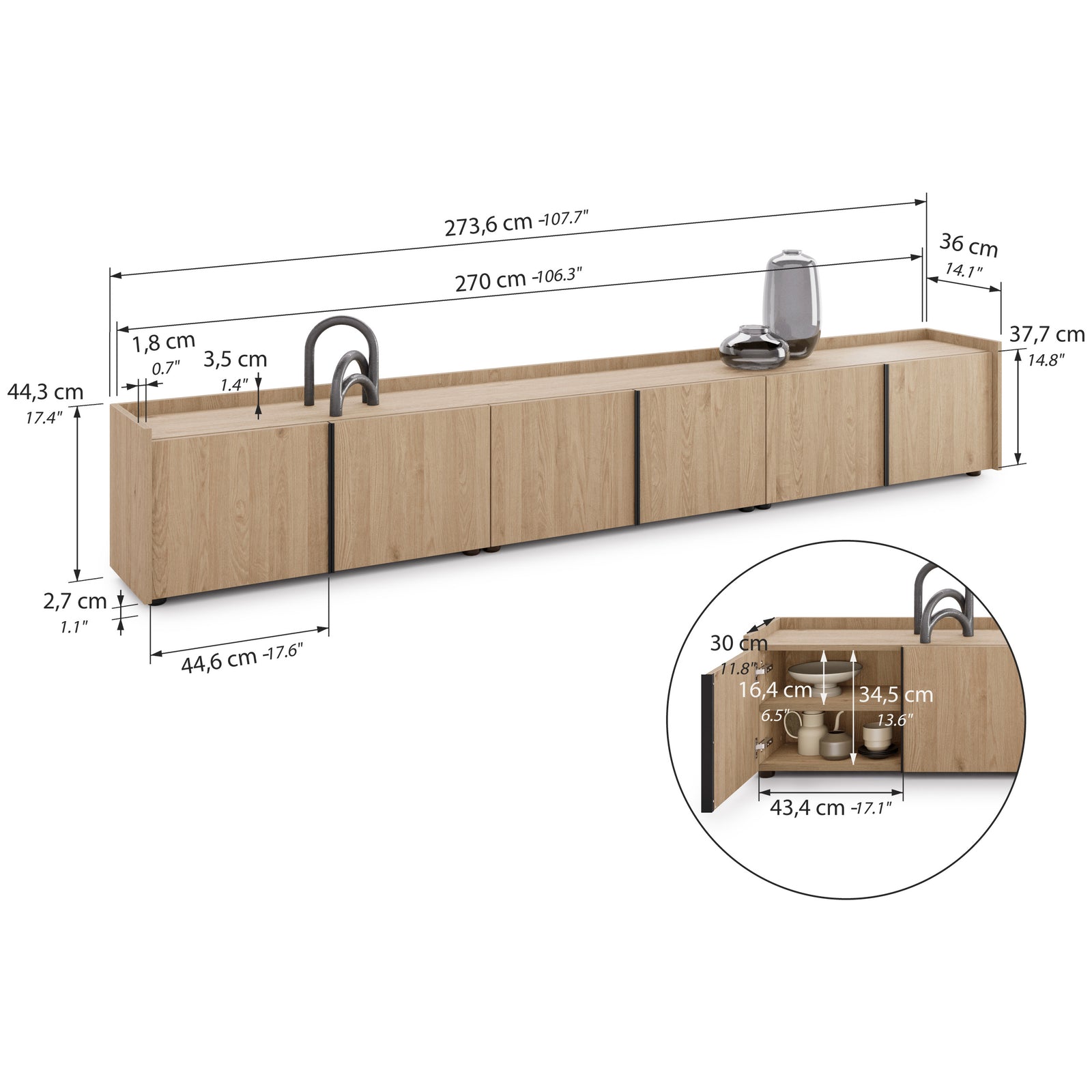 Mobile Basso Romina (273,6x36x44 cm), 6 Drzwiczek, Dąb Naturalny - Immagine tecnica 1