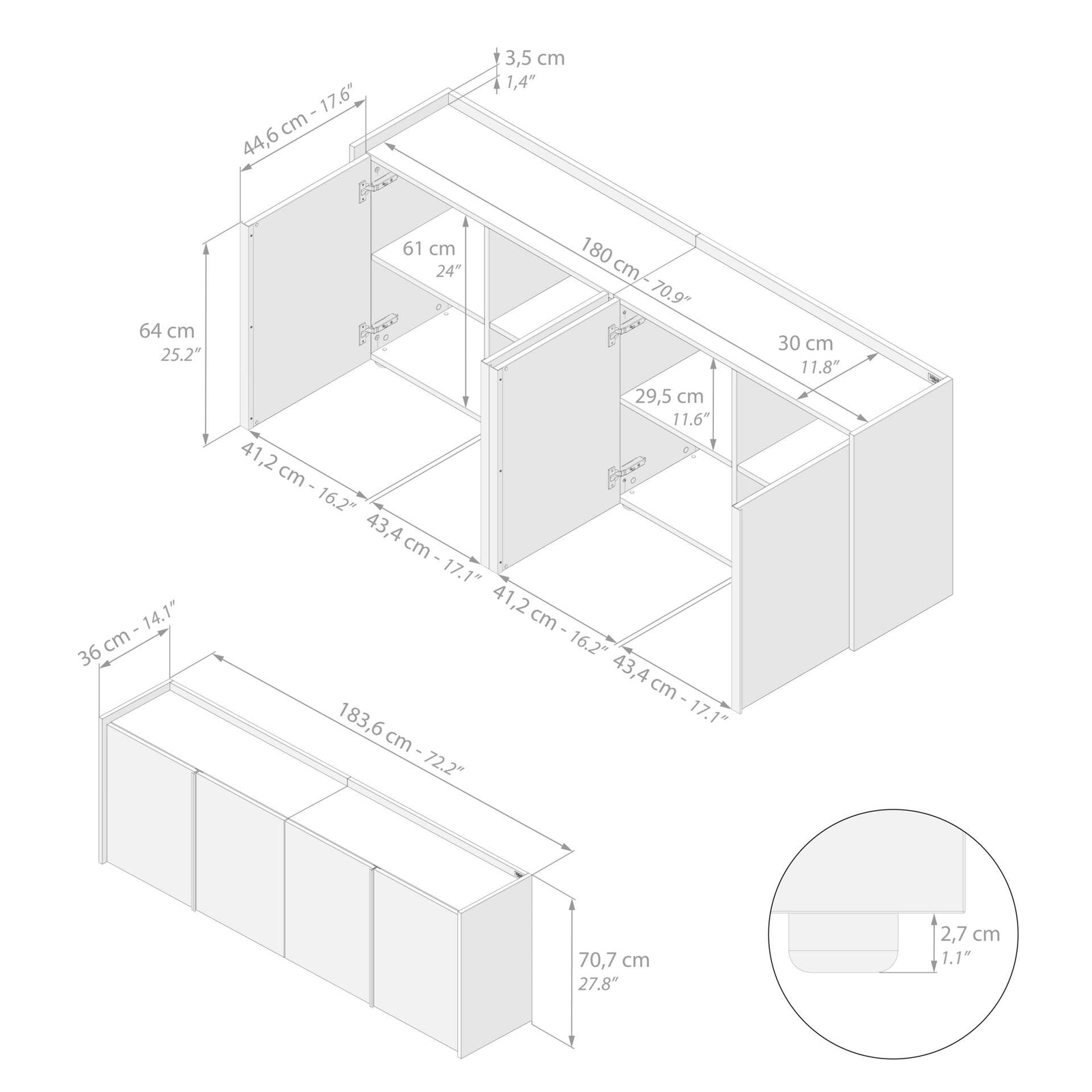 Meuble Bas Romina (183,6x36x70 cm), 4 Portes, Frêne Noir - Immagine tecnica 1