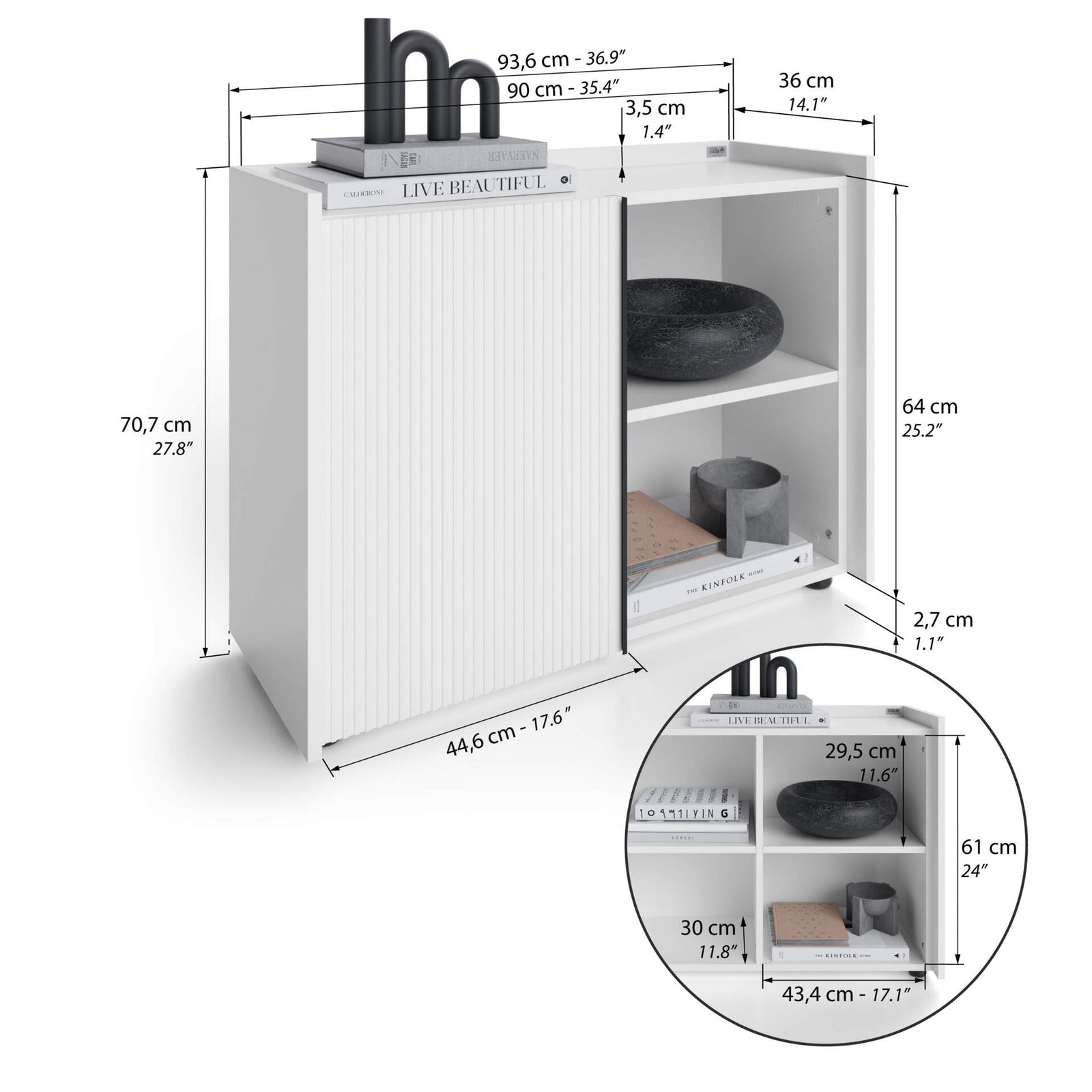 Romina Low Fluted Sideboard (93.6x36x70 cm), 1 Door, Opaque White - Immagine tecnica 1
