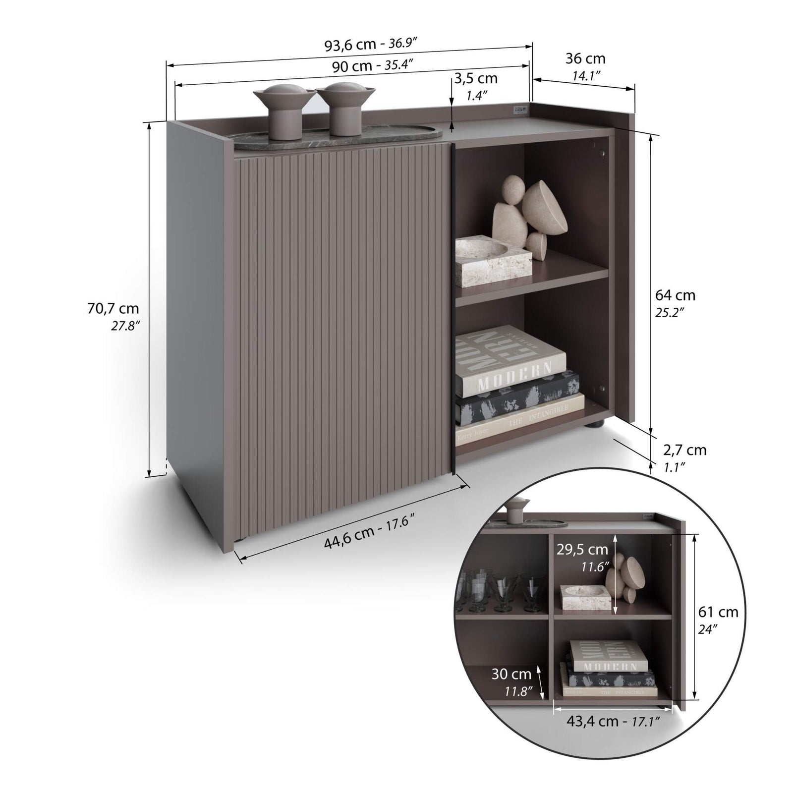 Buffet bas cannelé Romina (93,6x36x70 cm), 1 Porte, Gris Bleuté - Immagine tecnica 1