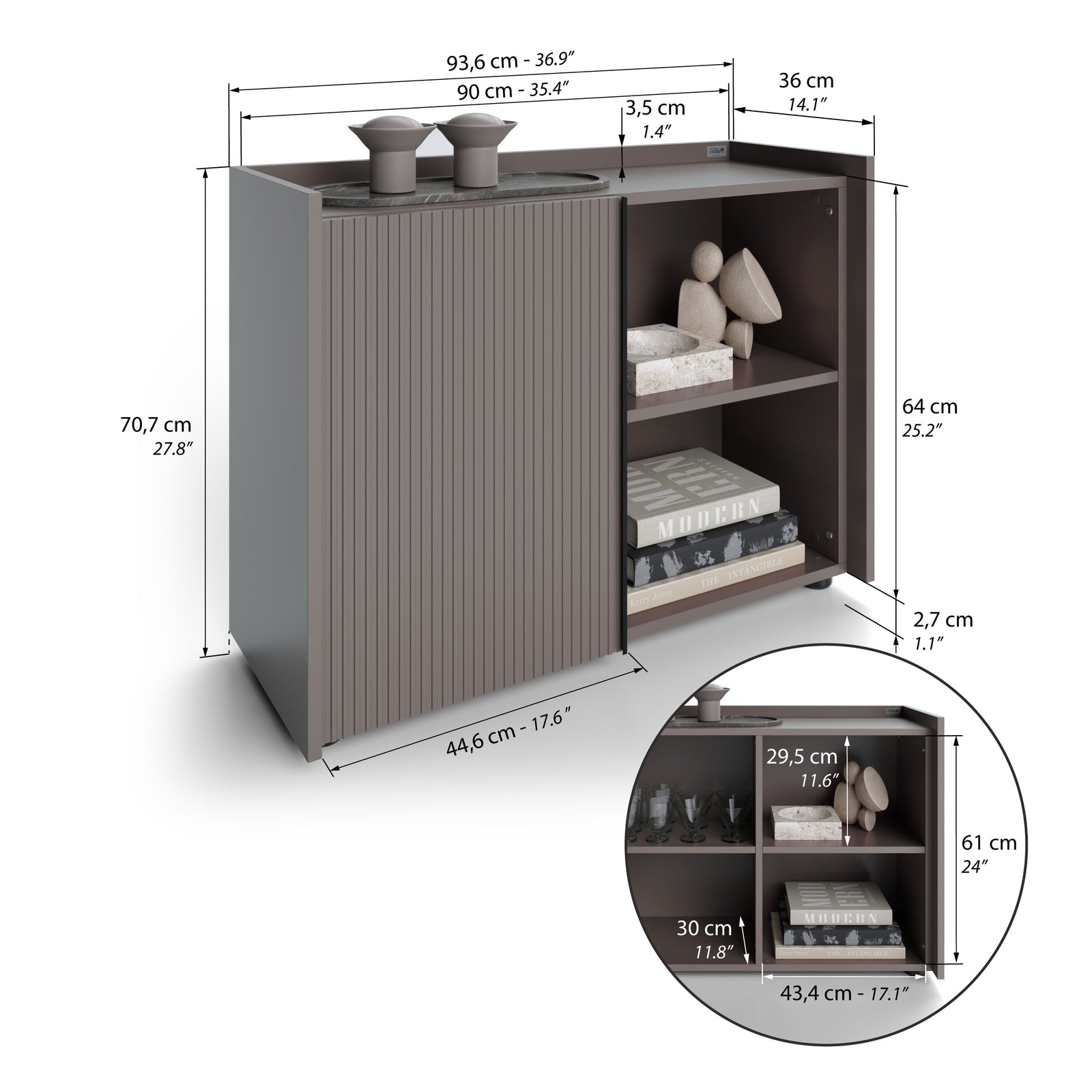 Mobile Basso Cannettato Romina (93,6x36x70 cm), 1 Anta, Grigio Cobalto - Immagine tecnica 1